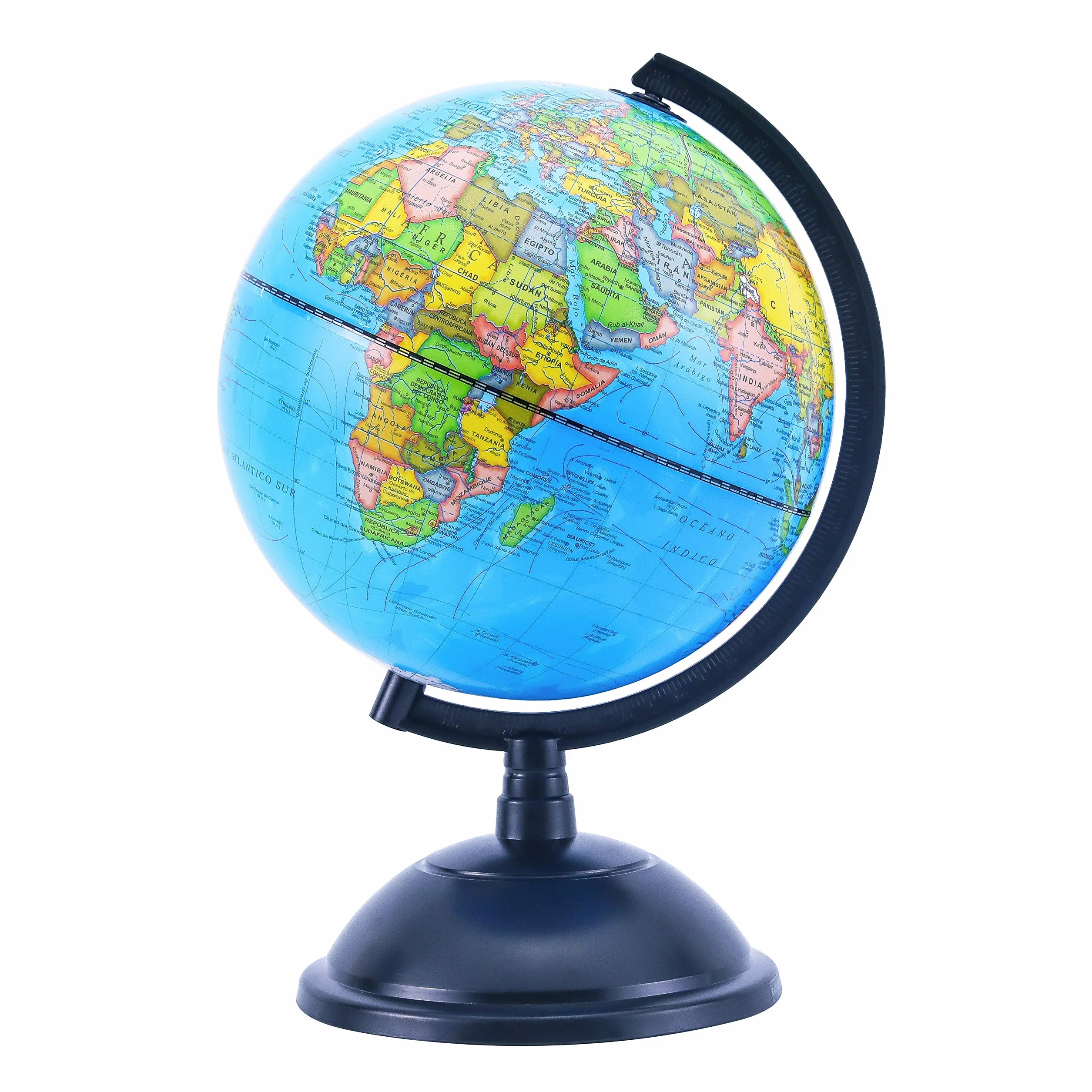 Globo Terráqueo 20 cm Mapa Español Base Negra Escritorio Giratorio con Arco Graduado