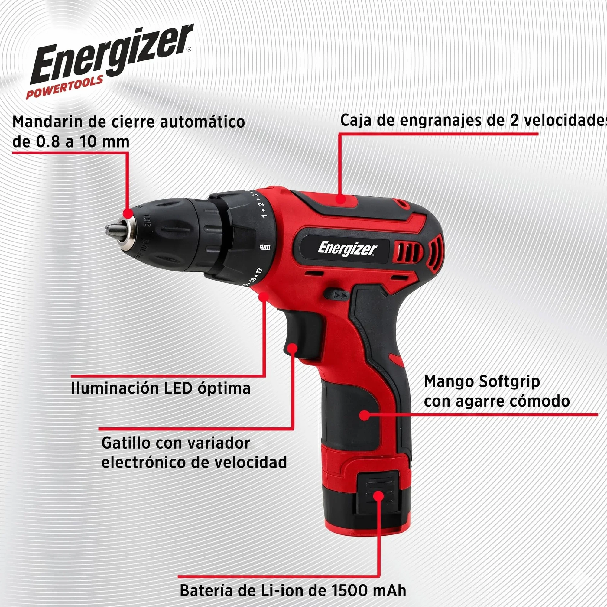 Destornillador inalámbrico Energizer de 12 V – Batería recargable integrada – 25 Nm – Mandril de 10 mm – Cable USB-A/USB-C de 1,5 m – Mango de agarre suave