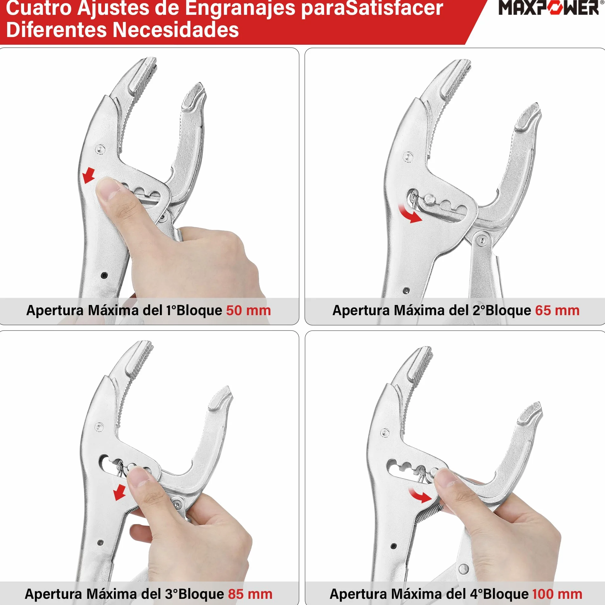 Alicate de Bloqueo, MAXPOWER Tenaza Grip Cr-V 10”/260mm con Cuatro Ajustes de Engranajes 50-100mm Mordaza Grip Locking Plier