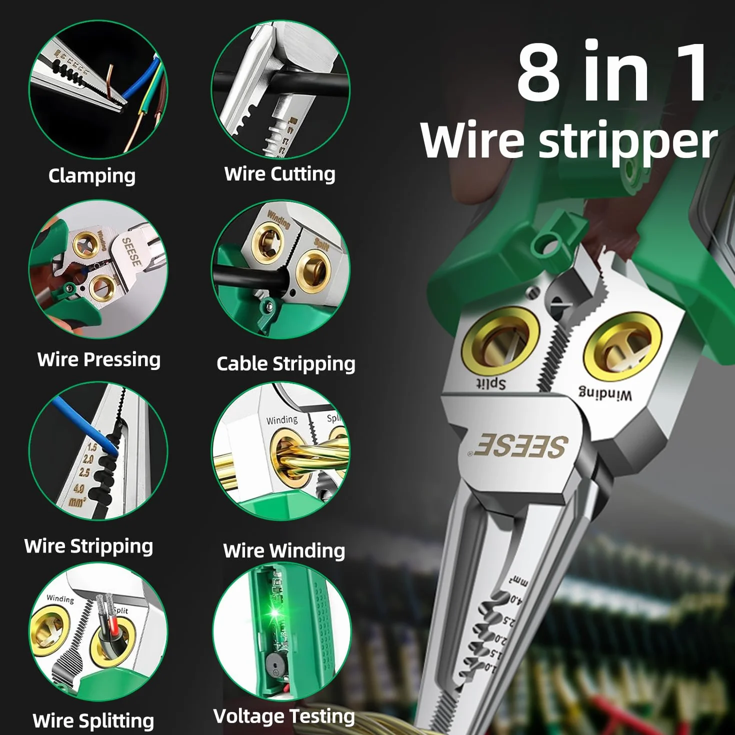 8 en 1 - Separador de alambre para cortar y tirar de cables, tijeras de cable, alicates de probador de voltaje, 12 V a 250 V en vivo, nulo, Hot Wire Judgment AC DC, alarmas LED audibles y