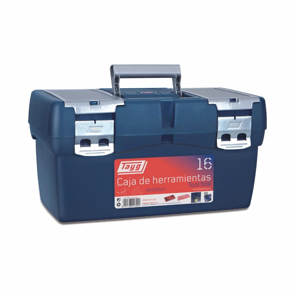 Tayg Caja Herramientas 16, Bandeja Doble Capacidad, Cierres Metálicos, Caja de Herramientas de Polipropileno, Soporta hasta 120 kg, Medidas 500 x 258 x 255 mm, Azul/Rojo