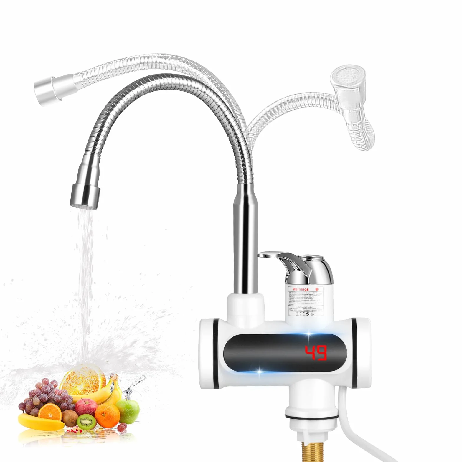 Grifo Eléctrico con Calentador de Agua, 220V 3000W Grifo Eléctrico de Acero Inoxidable para Cocina, Baño, Camper, Indicador de Temperatura LCD, Giratorio 360°, Calentador de Agua Instantaneo