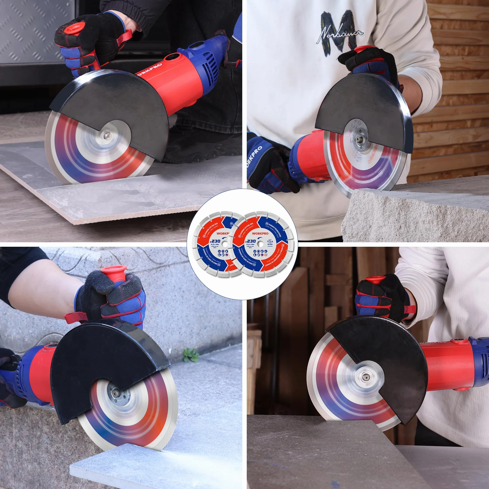 WORKPRO Disco de Diamante 230mm, 2 piezas Discos Diamantado, Sierra de Diamante para Corte en Seco y Húmedo para Hormigón, Ladrillo, Mármol, Alta Durabilidad, Máx. 6650 RPM