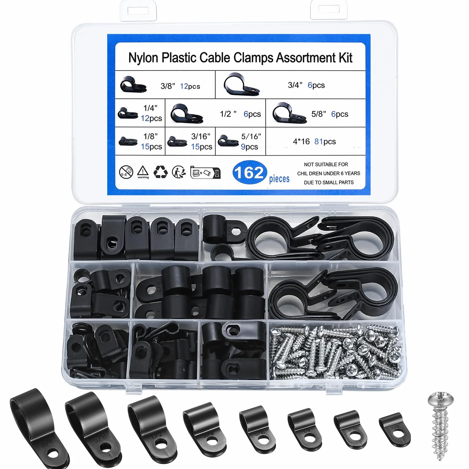 162 Piezas Clips de Cable Tipo R, Abrazadera de Cable de Nylon, Abrazaderas de Cable R-Type para Cables Eléctricos, Fijaciones de Cables, con Tornillos - Negro
