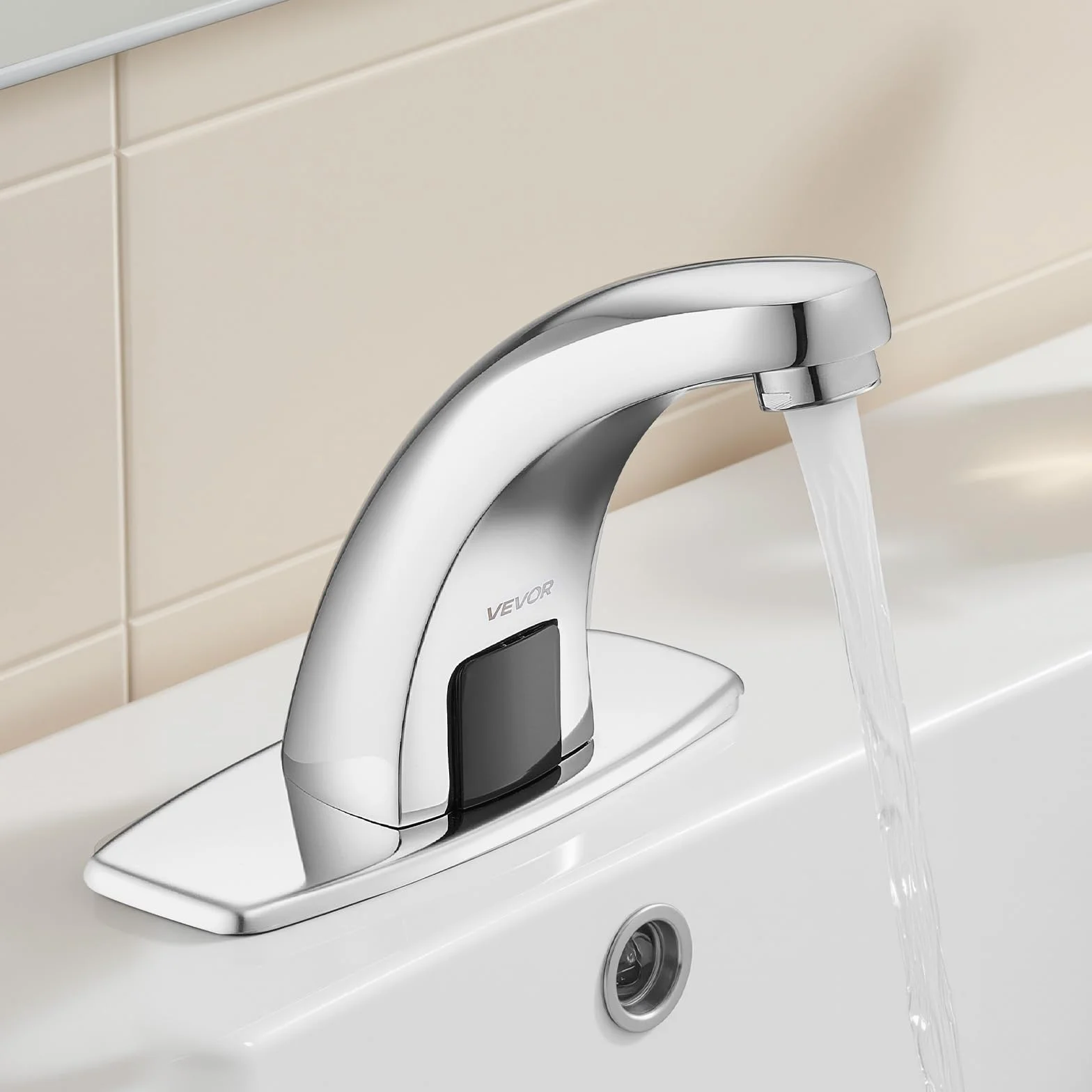 VEVOR Grifo de Lavabo sin Contacto, Grifo Automático para Baño de Solo Agua Fría, Aleación de Zinc, Diseño Delfín, con Tapa G233, Resistente a la Oxidación, 160 x 45 x 125 mm, Cromado Plateado