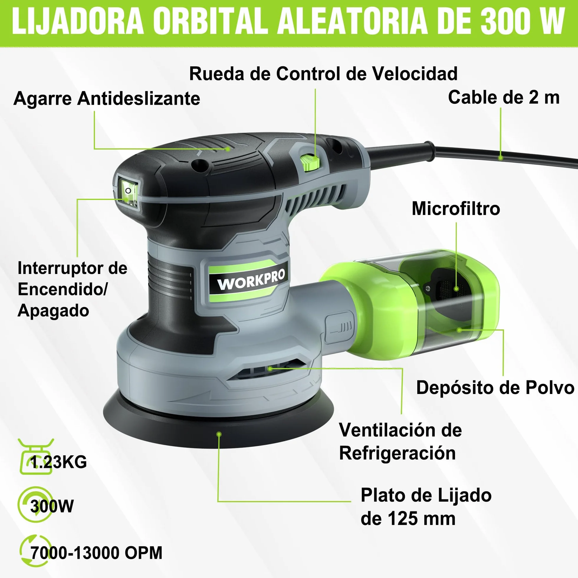 WORKPRO Lijadora excéntrica 125 mm, 300 W, 7000-13000 OPM, multilijadora con aspiración y depósito de polvo, incluye 20 unidades de papel de lija