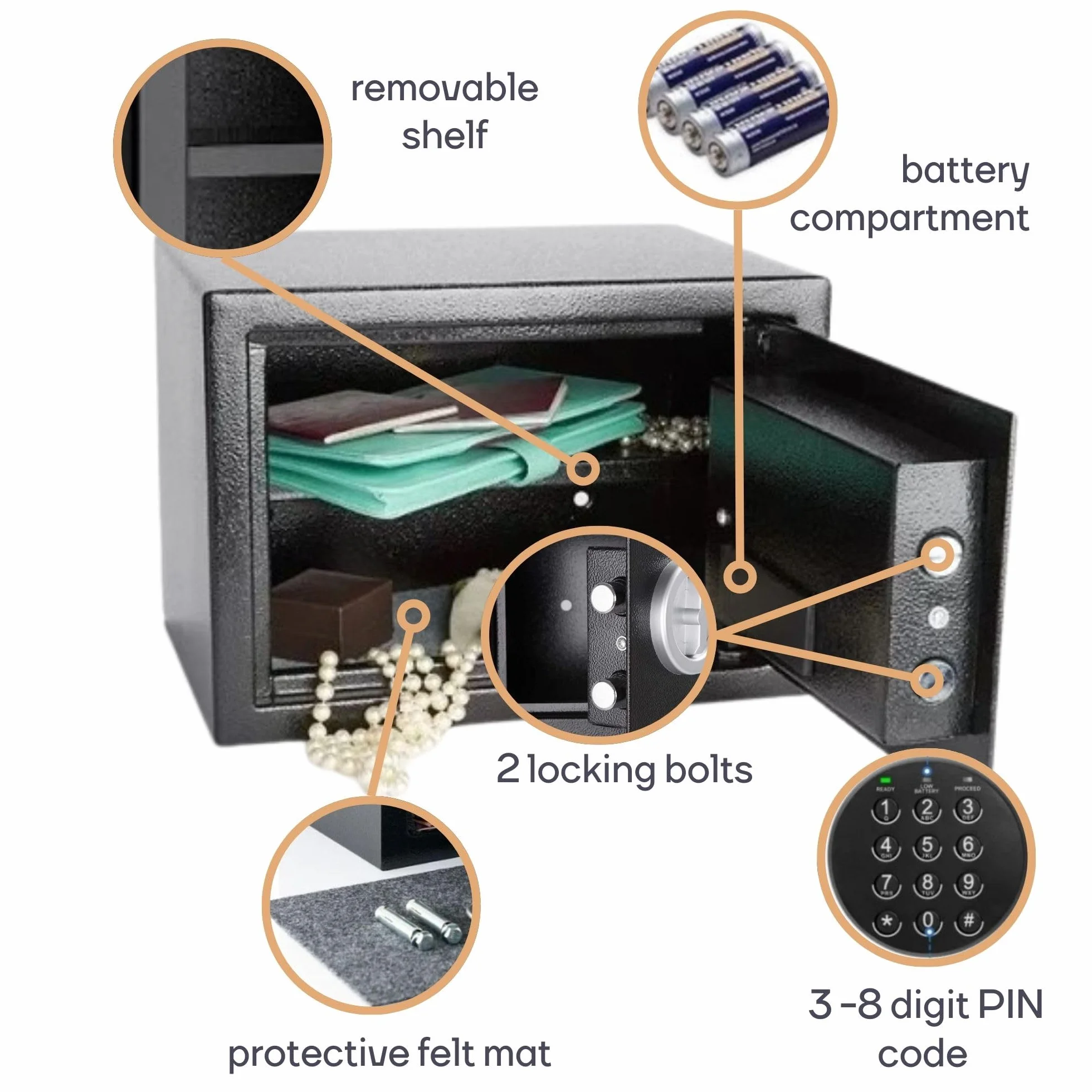 Perel Caja fuerte electrónica con código digital y llave de emergencia, caja de seguridad de acero espaciosa con interior acolchado, mini caja para joyas, documentos y dinero, 20x31x20 cm