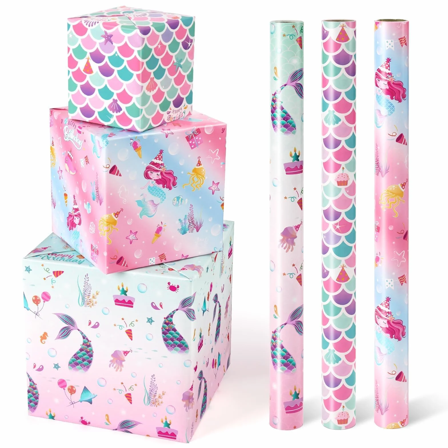 Papel de Regalo Sirena 43cm x 3m 3 Rollos Rosa con Líneas de Corte
