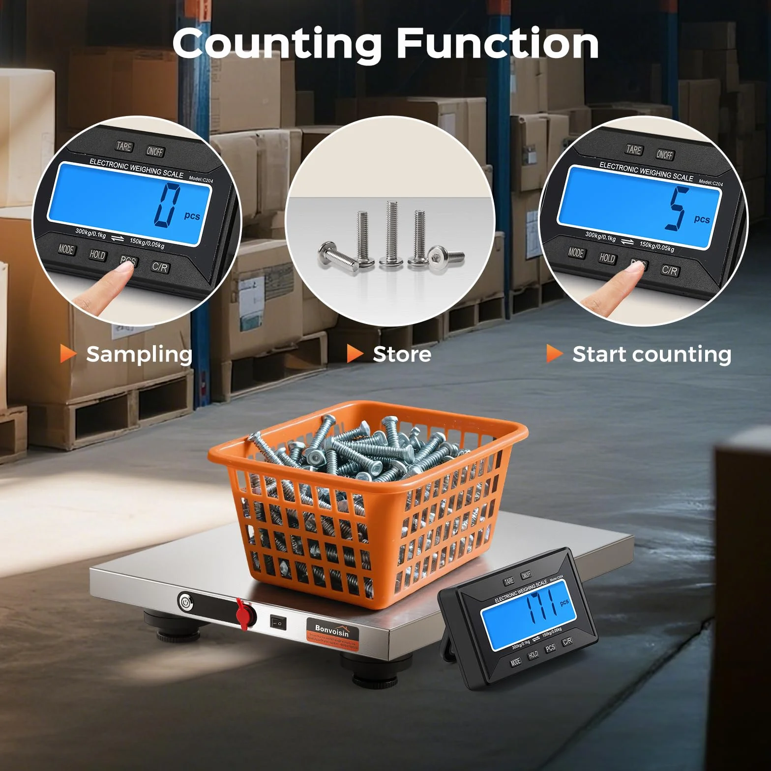 Bonvoisin Báscula para Paquetería Inalámbrica 300kg/660lb, Alcance 10m, Pantalla LCD Separada, Precisión 0,1kg/0,05kg