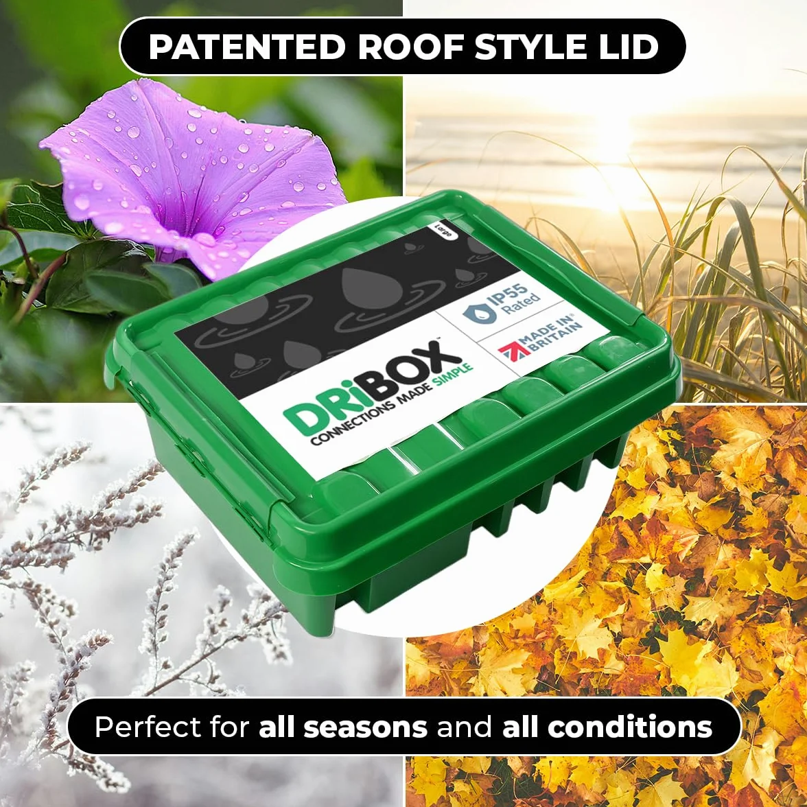 DRiBOX IP55 Caja de Conexiones Eléctricas Exterior Resistente a la Intemperie para Luces de Navidad, Temporizadores, Cables de Extensión, Cables, Carretes, Transformadores (Grande, Negro)
