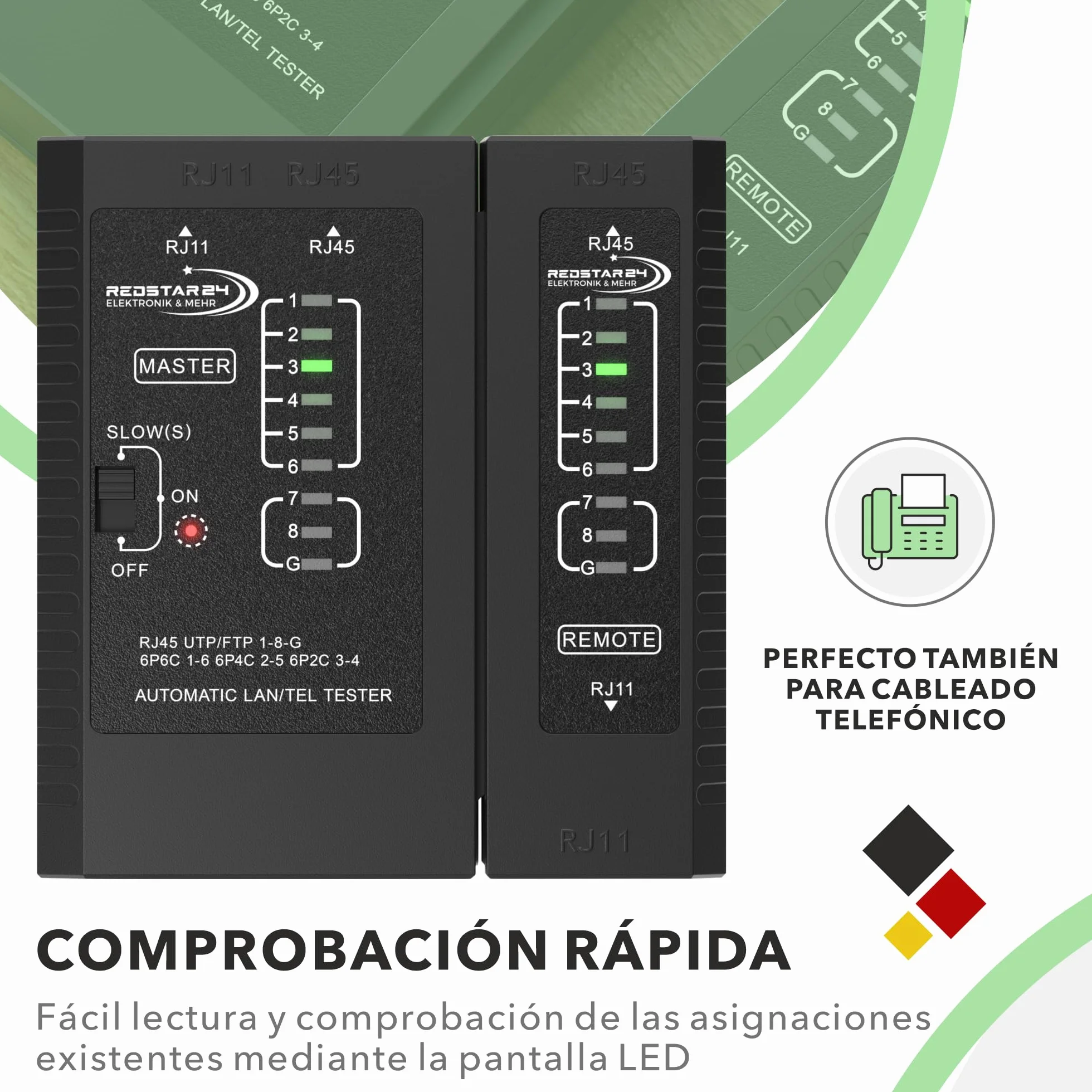 RedStar24 Comprobador RJ45 - Probador Red - Tester Cables LAN RJ11, RJ12, RJ45 para Patch Cables - LEDs Prueba para Testeo Preciso LAN y Red - Ideal para Tests Cables y Líneas