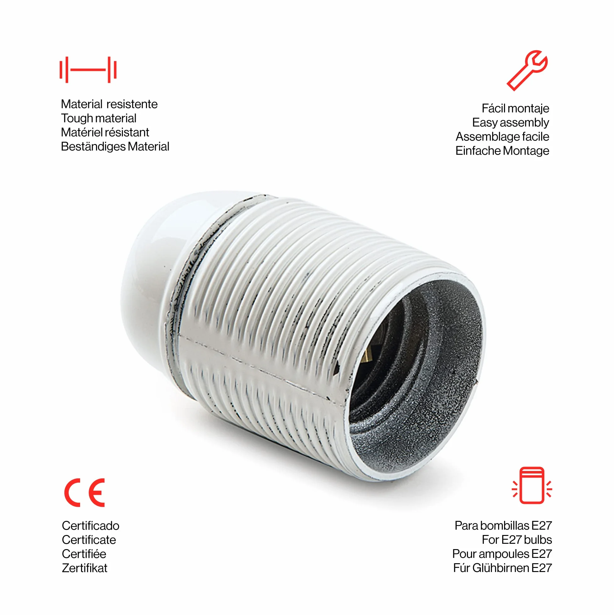 FAMATEL – Portalámparas roscado | Baquelita | Bombillas E-27 | 4A | 250V | Blanco
