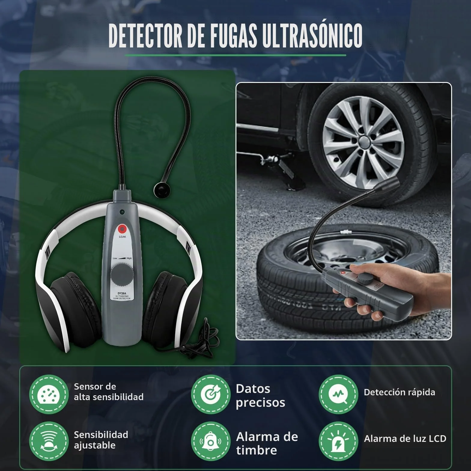 Detector de Fugas ultrasónico, Herramientas de detección de Fugas Detector de Fugas de Aire de 40 KHz ± 2 KHz Buscador de Ruido automotriz con Auriculares Sensor Sensible de sonda de 420 mm