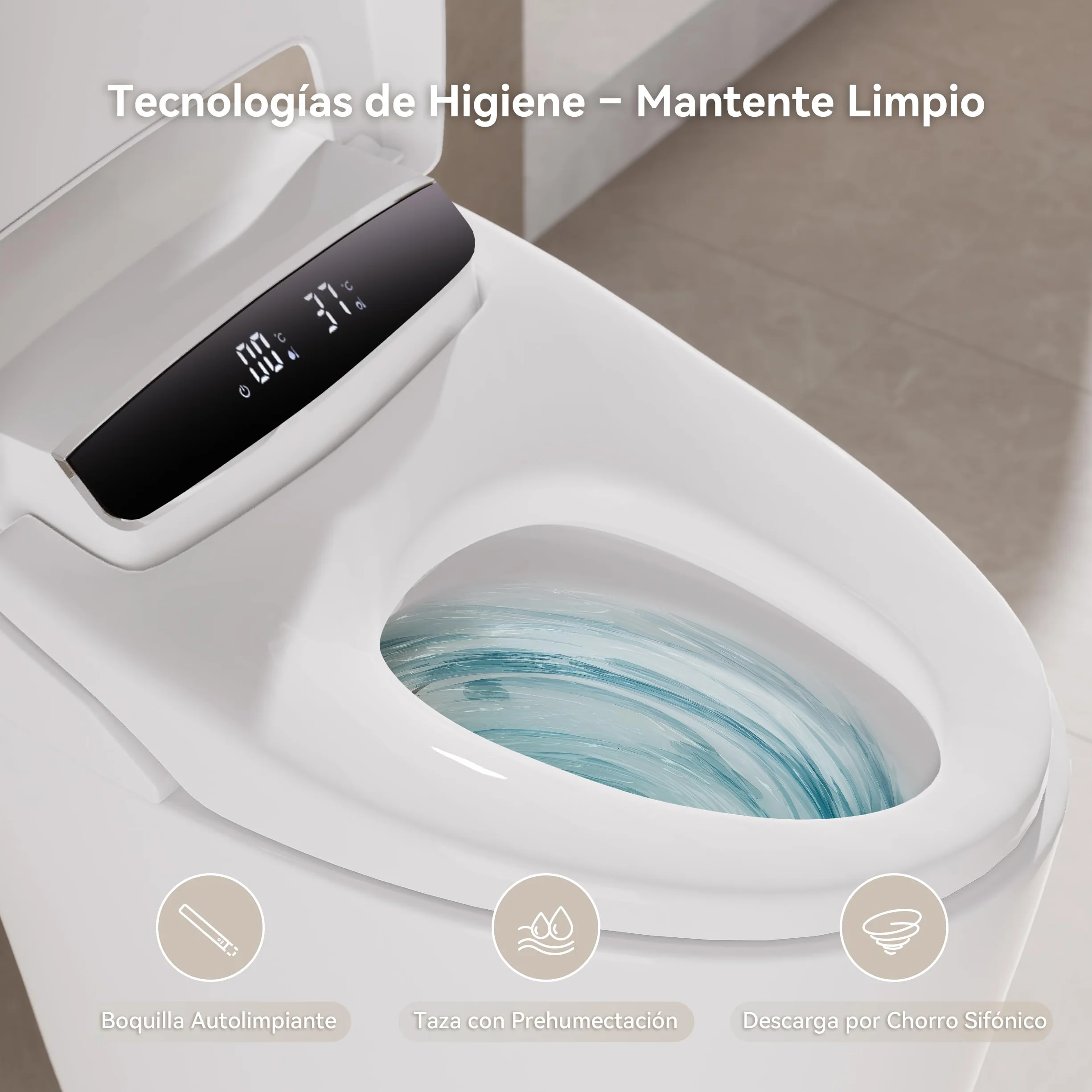 Homary Inodoro Inteligente Japonés Sin depósito con Bidé Integrado Automático, Asiento Calefactable, Luz Nocturna, Estándar Tapa de Accionamiento Manual, Salida al Suelo, J021123088