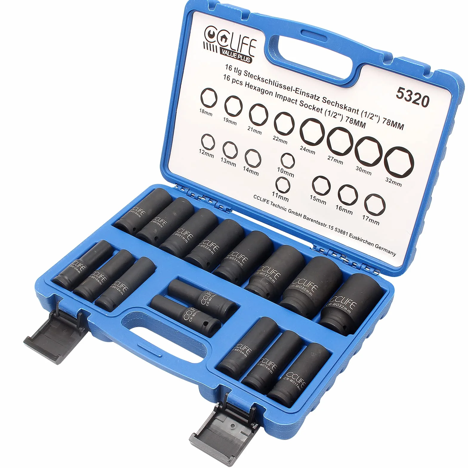 CCLIFE Juego de 16 piezas Llaves de Vaso Impacto 1/2" Vasos de Impacto Largos Cr-Mo 10-32mm