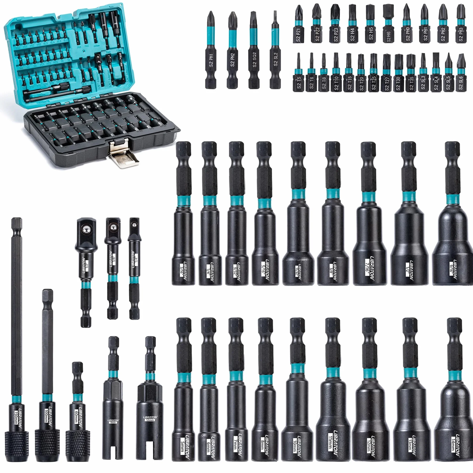 LIBRATON 54 Destornilladores de Tuerca Magnéticos, Brocas de Impacto de 1/4", Métrico y SAE para Taladro, Adaptadores de Vaso, Extensión de Liberación Rápida, Destornilladores de Tuerca de Ala, Caja