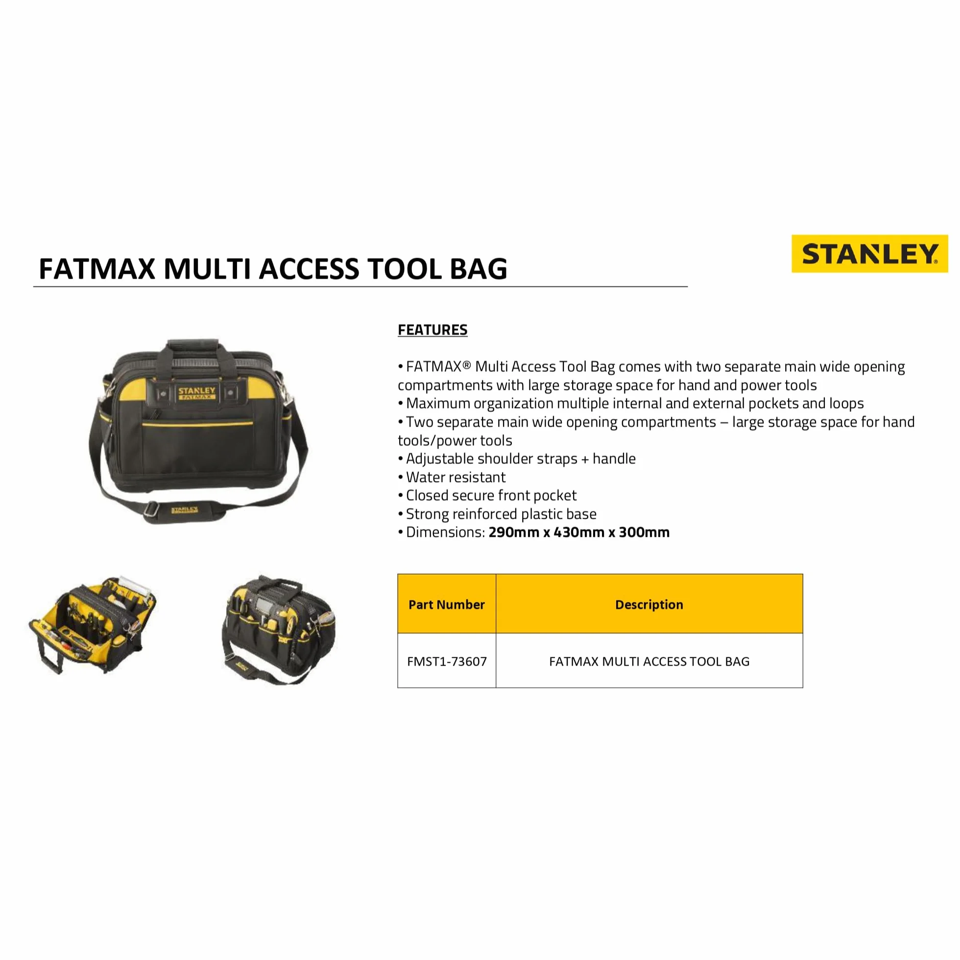 STANLEY FATMAX Bolsa de Herramientas Acceso Múltiple, Estructura Rígida, Tamaño 41x29x24 cm, Bolsillo frontal con cierre, Asa ajustable, Acceso a las herramientas, FMST1-73607