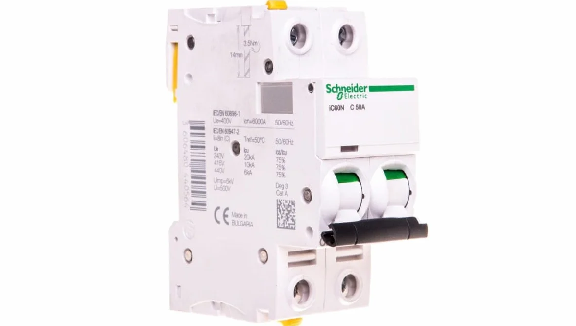 Schneider Electric iC60N MCB Disyuntor Tipo C, 2 Polos, 50 A, 440 V, Capacidad de desconexión 6 kA Acti 9