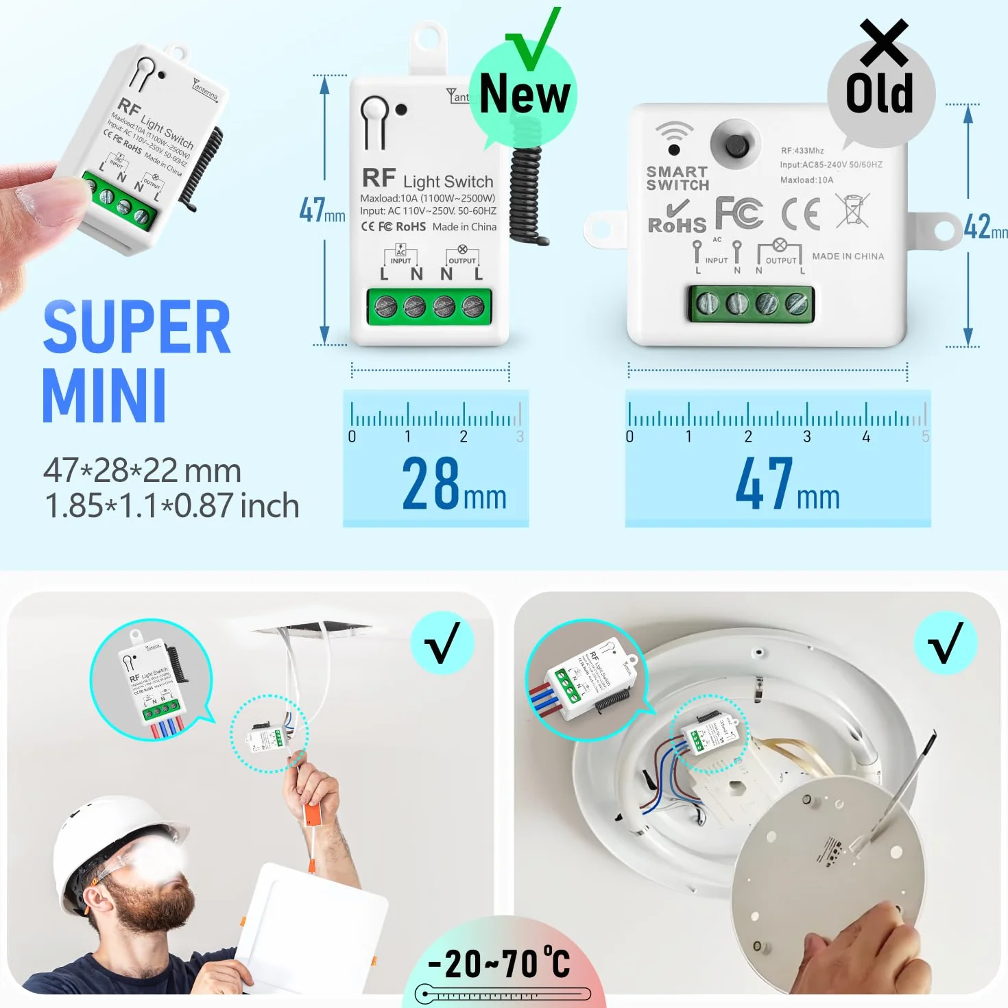 DieseRC Interruptor de Luz Inalámbrico, Interruptor Transmisor RF Para Panel Mural de 86 y Controlador Receptor de Relé de 10 A, para Luces de Hasta 1500 W