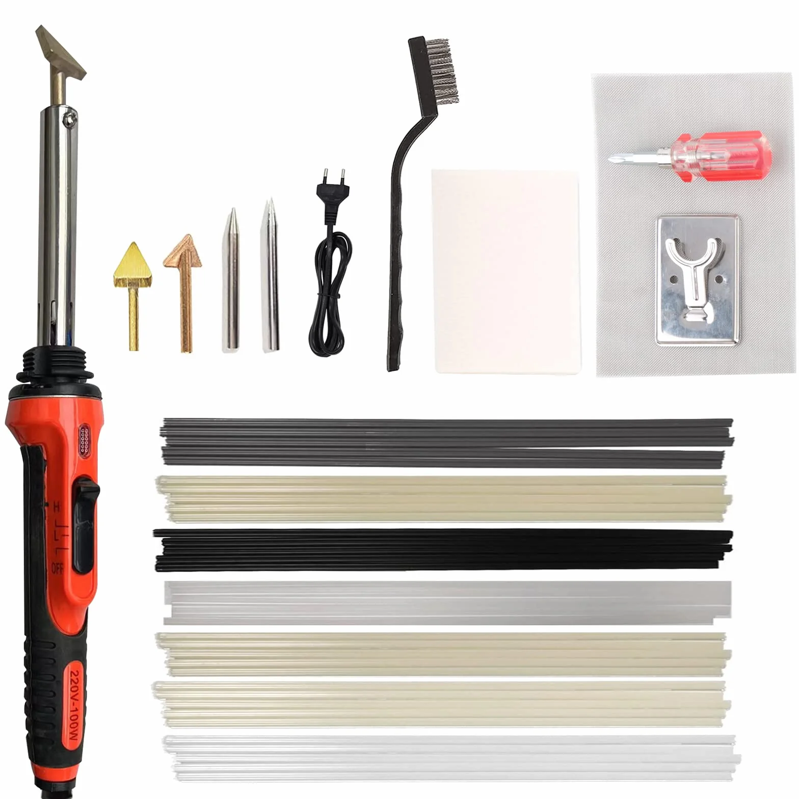 Soldadura de plástico 100 W multifunción 3 ajustes de plástico máquina de reparación con 4 puntas de soldadura varillas de soldadura soporte de hierro caliente red de parches cepillo de alambre