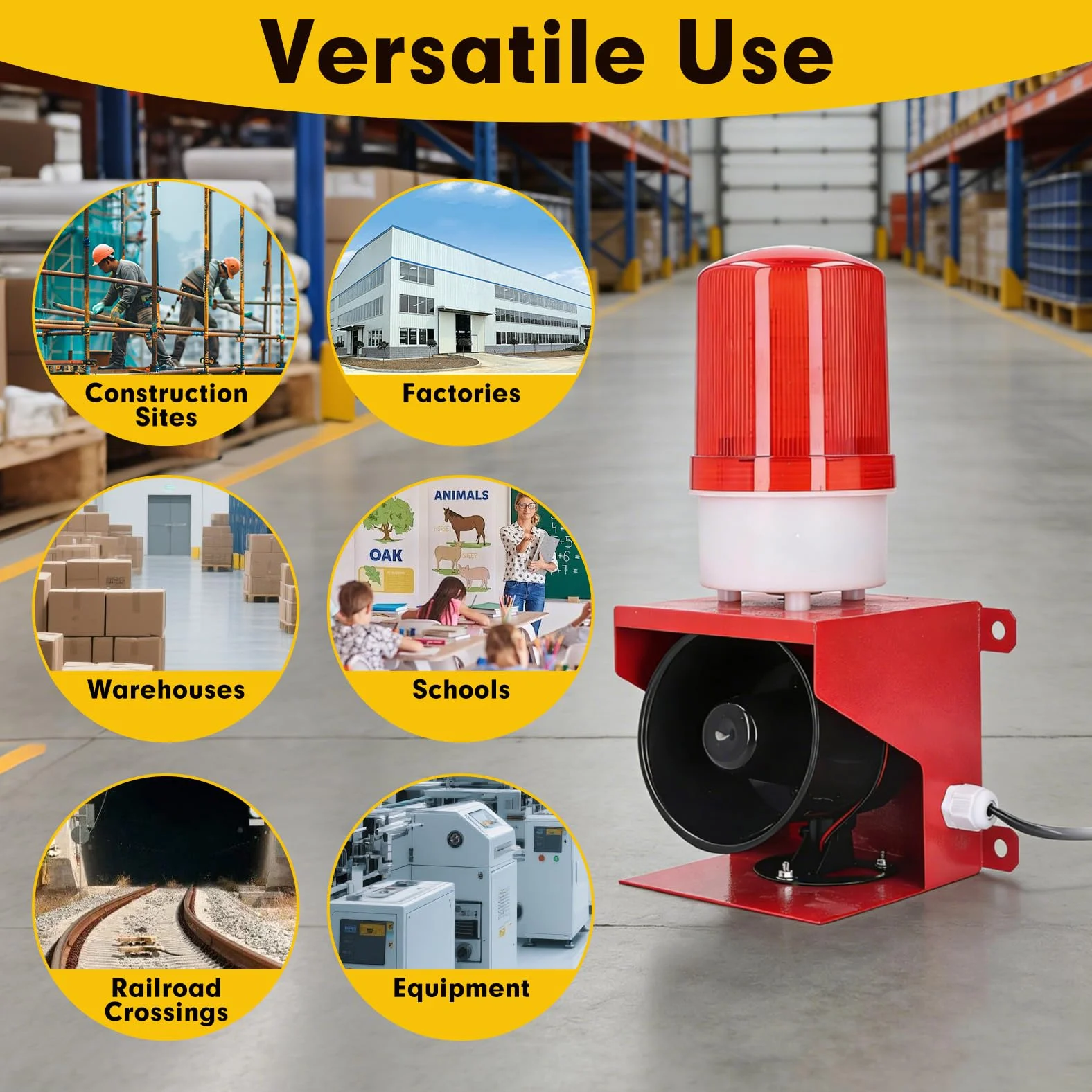 Sirena Industrial 115 dB con Luz LED Intermitente, Volumen Ajustable, IP65 Impermeable, Alarma Acústica y Visual AC 220V, Avisador de Seguridad, Luz de Advertencia LED, Enchufe UE