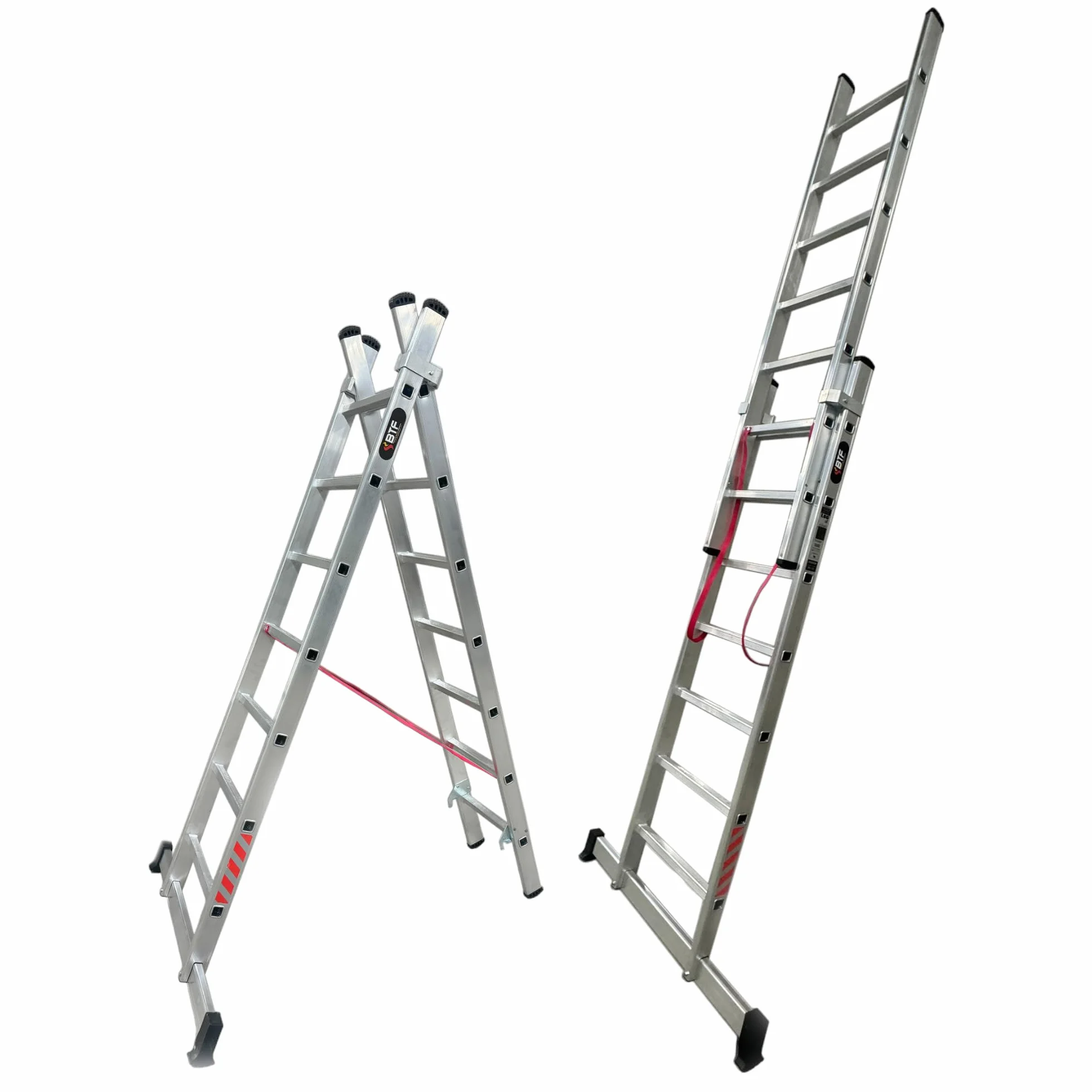 BTF | Escalera Plegable Aluminio Transformable 2 Tramos | Combinada 2 Secciones x 7 Peldaños, Escalera de Tijera y Extensible de Apoyo, Altura Apoyo 3,1m, Tijera 1,9m, Certificada EN131 Uso Doméstico