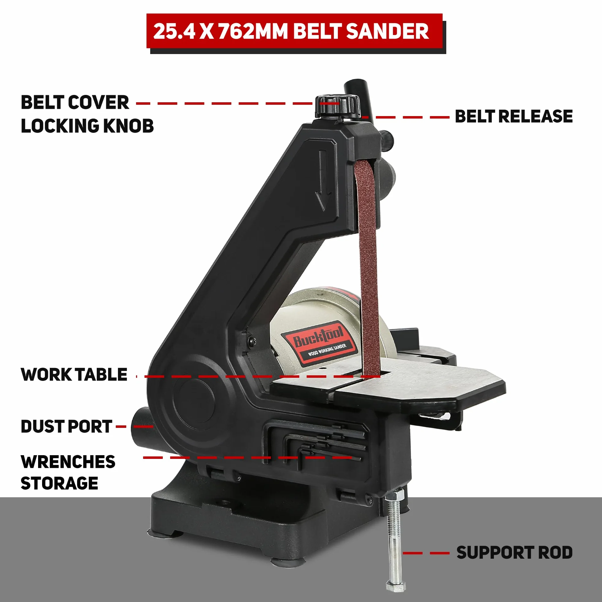 BUCKTOOL Lijadora de banda de banco de 250 W, correa de 25,4 x 762 mm y llave de disco de 127 mm, almacenamiento y cubierta de correa fácil de quitar, lijadora de disco de banda de mesa de