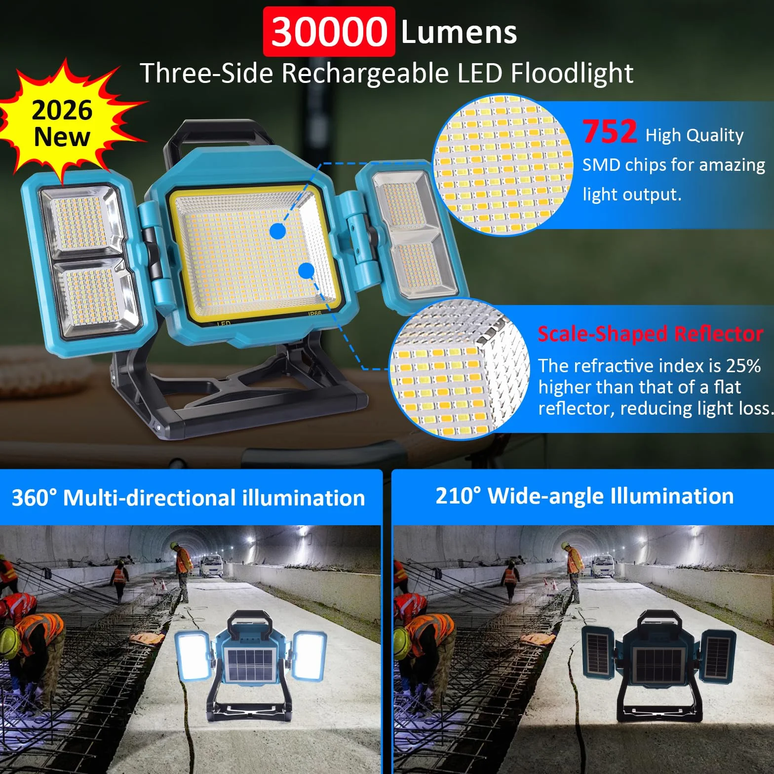 MASMEJOR 300W Foco LED Recargable, Foco LED BaterÍa 30000LM, 25000mAh con Panel Solar, 4 Modos de Luz & Iluminación de 360°, Ideal para Camping, Trabajo, Reparación, Construcción