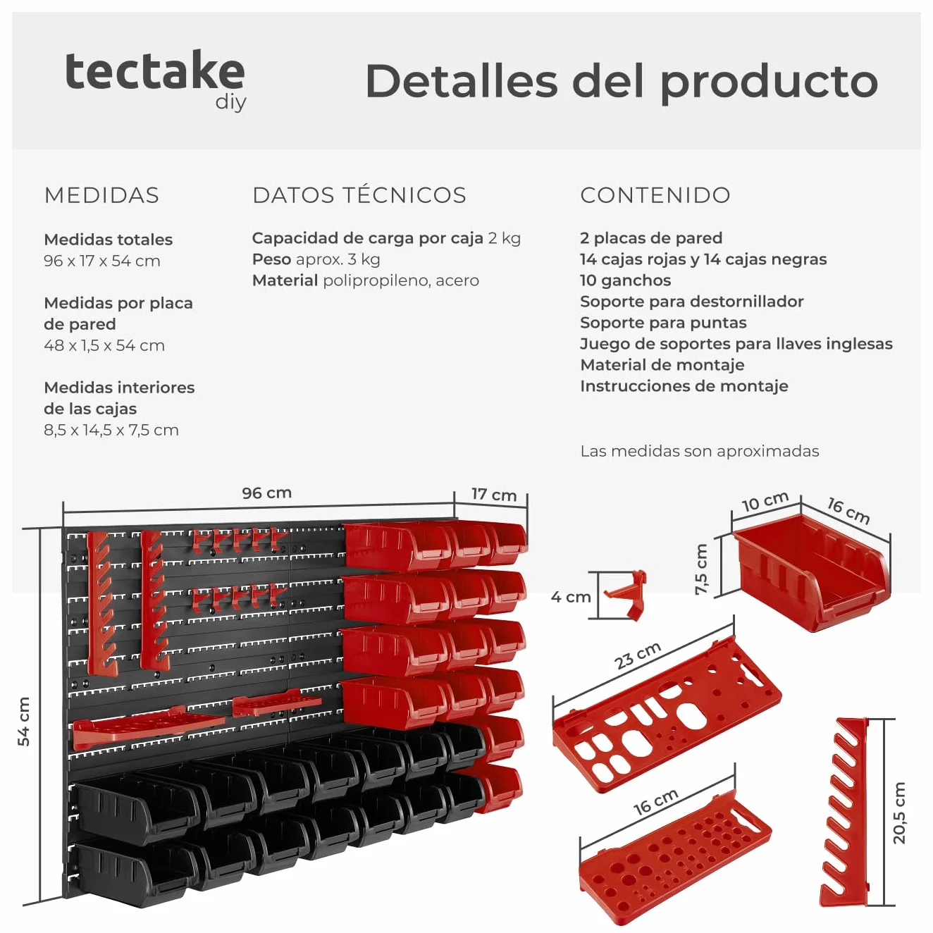 tectake® Organizador de Herramientas con Panel Herramientas Pared y Organizador de Tornillos para Taller Bricolaje, Estantería con Cajas para Tornillos - 1 Estantería