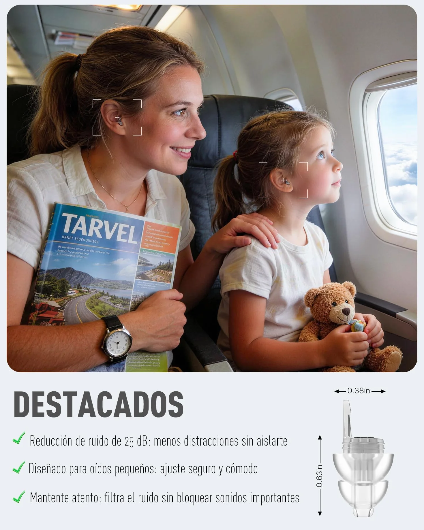 Tapones para los oídos para avión 2 pares Reutilizables Antiruido Protección Auditiva Adultos Niños 12+