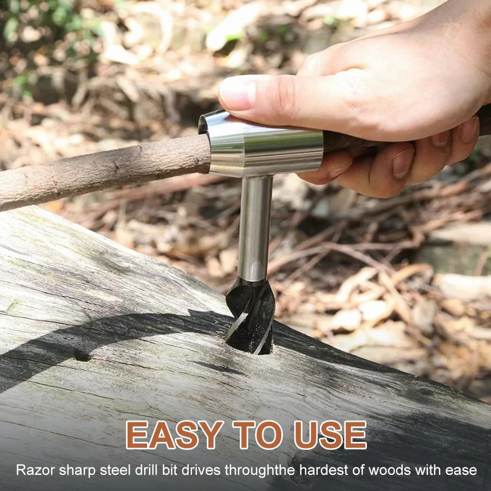 Taladro de Mano, Herramienta de Supervivencia para Colonos Bushcraft, Llave Manual de Barrena con Estuche de Cuero, para Acampar, al Aire Libre Taladro Manual