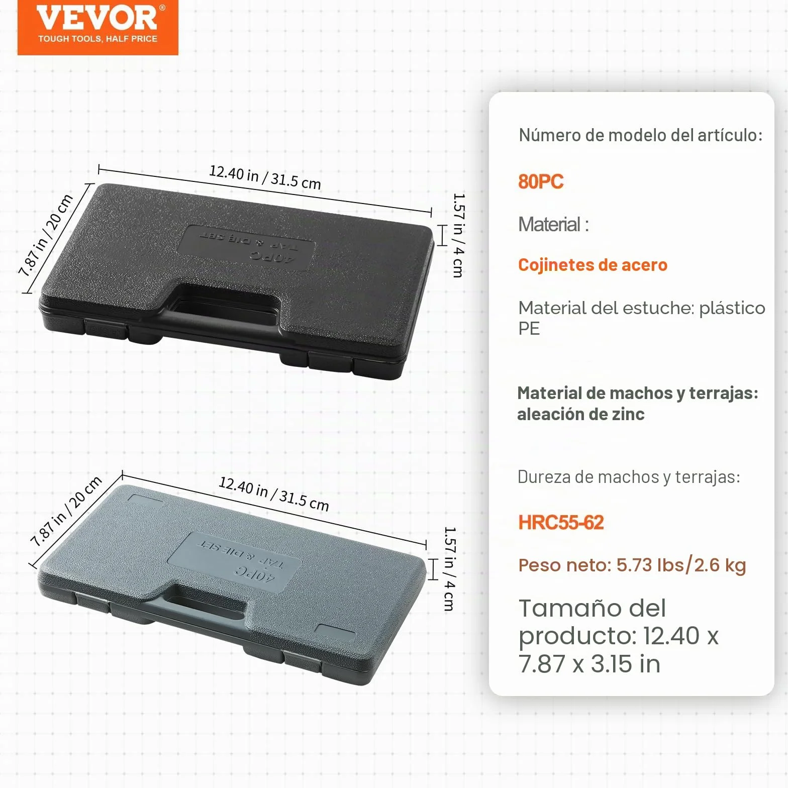 VEVOR Juego de Machos y Terrajas 80 piezas M3-M12 Métrico y SAE de Acero Kit de Machos y Troqueles con Maletín de Transporte Portátil Herramientas para Construcción Reparación de Automóvil Fontanería