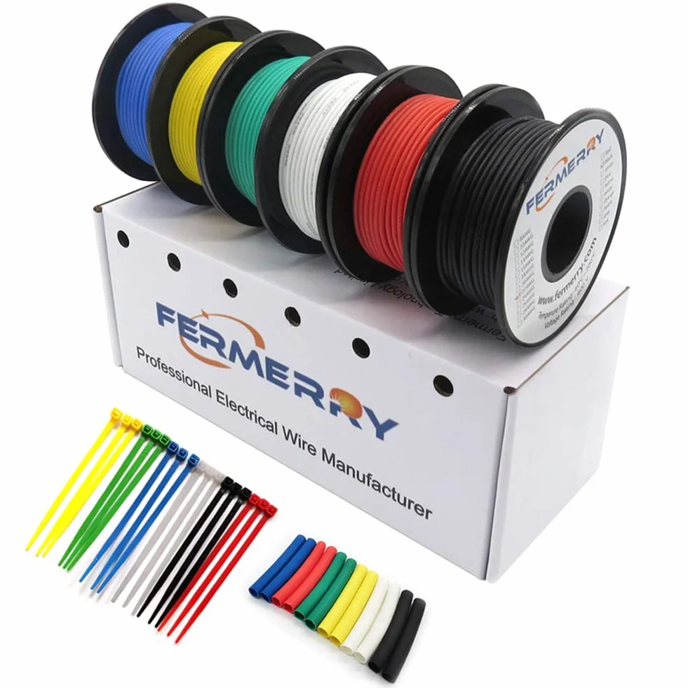 Fermerry Cable eléctrico de 20 AWG 0.5mm² de alambre de cobre estañado de silicona 50 pies cada uno 6 colores Kit de cable eléctrico de conexión flexible calibre 20
