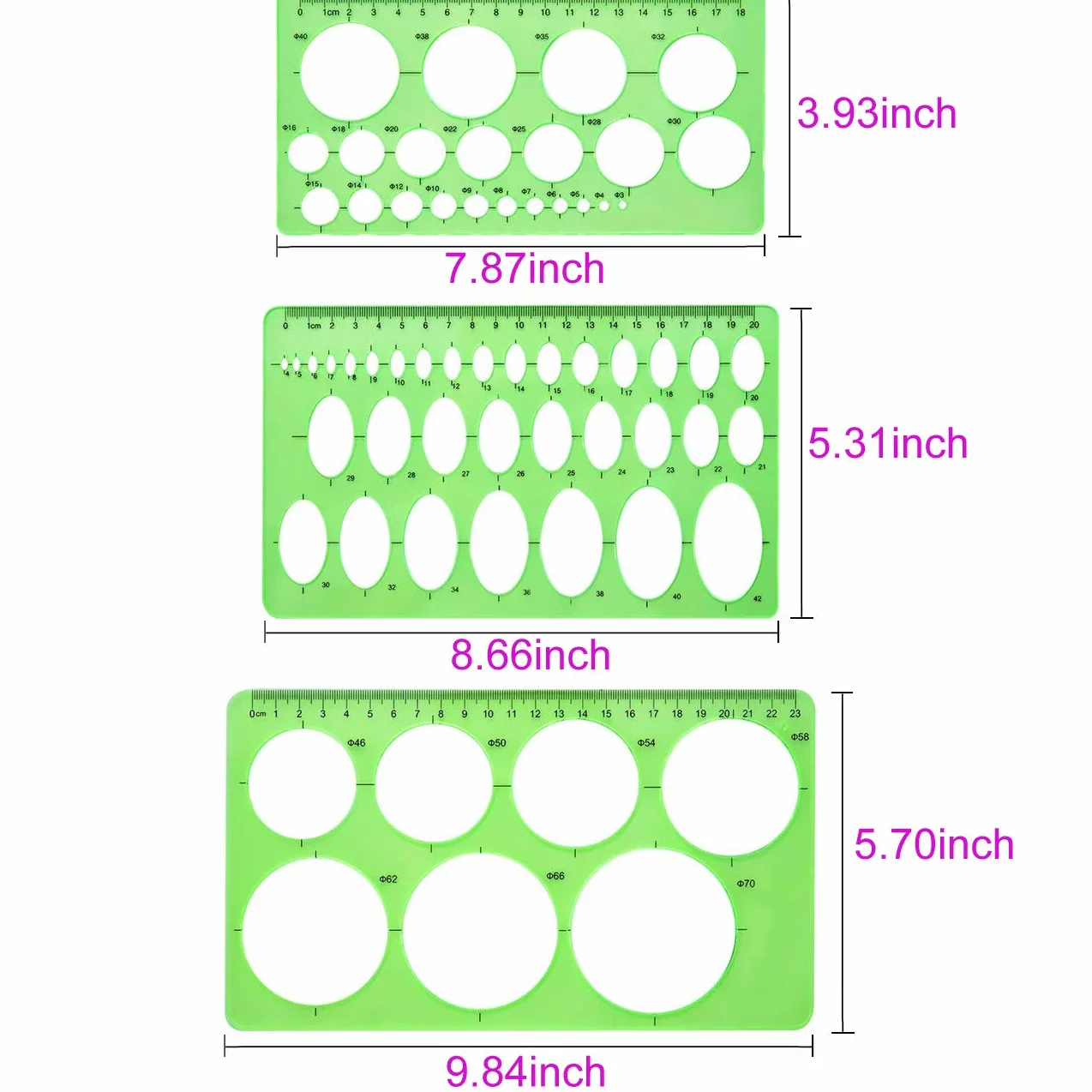 Juego de 9 plantillas de dibujo geométricas, elipses y círculos, reglas de medición verde claro para dibujo digital oficina escuela