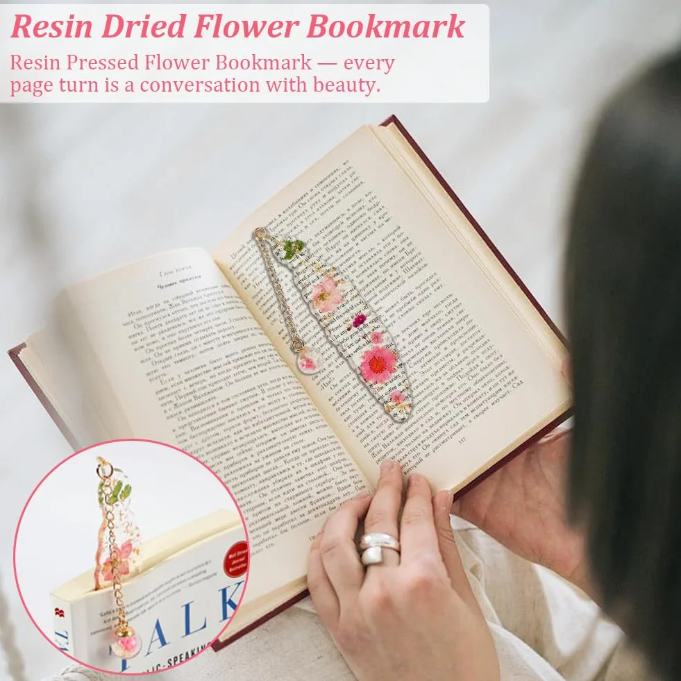 Marcapáginas de Flores Secas de Resina con Caja de Regalo - Accesorio de Lectura Original para Estudiantes y Mujeres (Rosa)