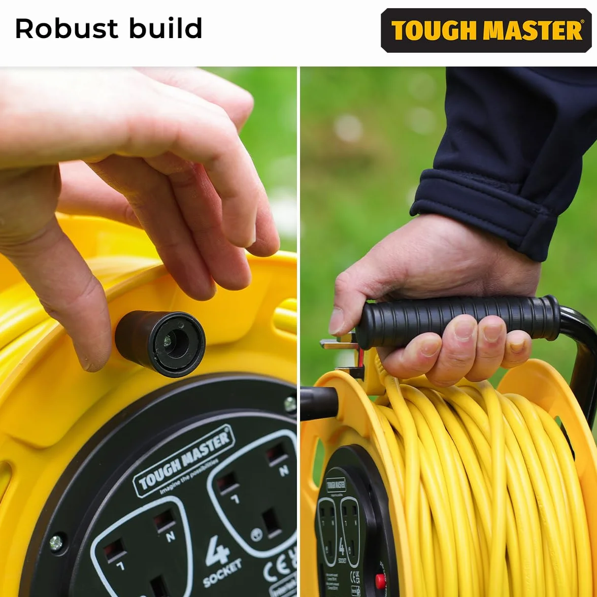 Tough Master Carrete de Cable de 4 enchufes de 30 m, Carrete de Cable de extensión Resistente de 13 A con Corte térmico para jardín, césped, hogar y Oficina