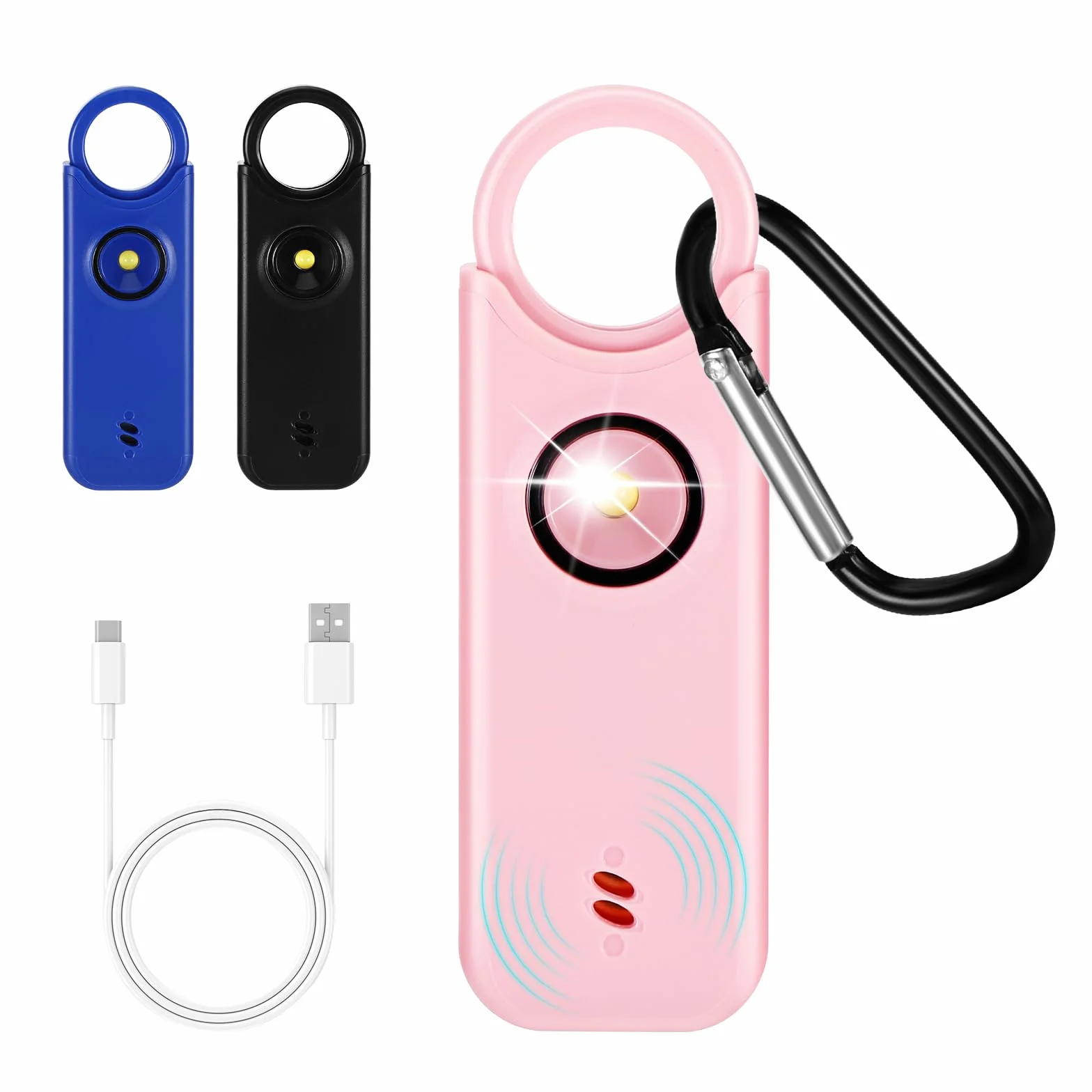 Sprifityy Alarma Personal, Alarma De Bolsillo para Mujer, con Sirena de 130 dB y luz de Señalización LED, Llavero Recargable USB Tipo-C para Mujeres, Niños/Mujeres/Ancianos (Rosa)