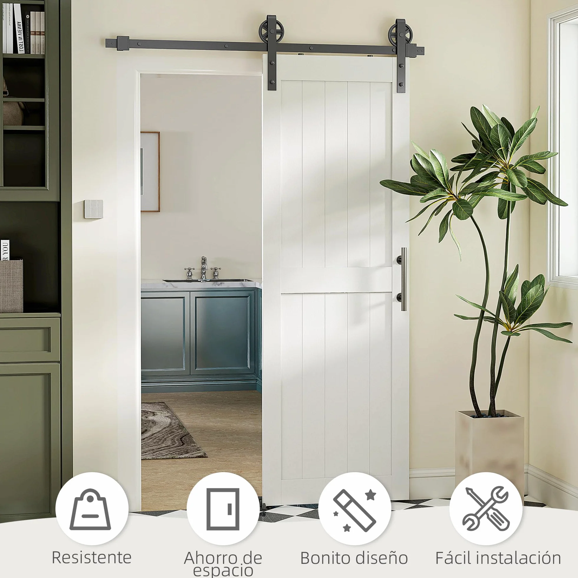 HOMCOM Puerta Corredera de Granero con Herrajes 71,5x213,4 cm Puerta Corredera de Interior con Manija Rodillo y Guía de Suelo Mejorados para Baño Salón Sala de Estar Blanco