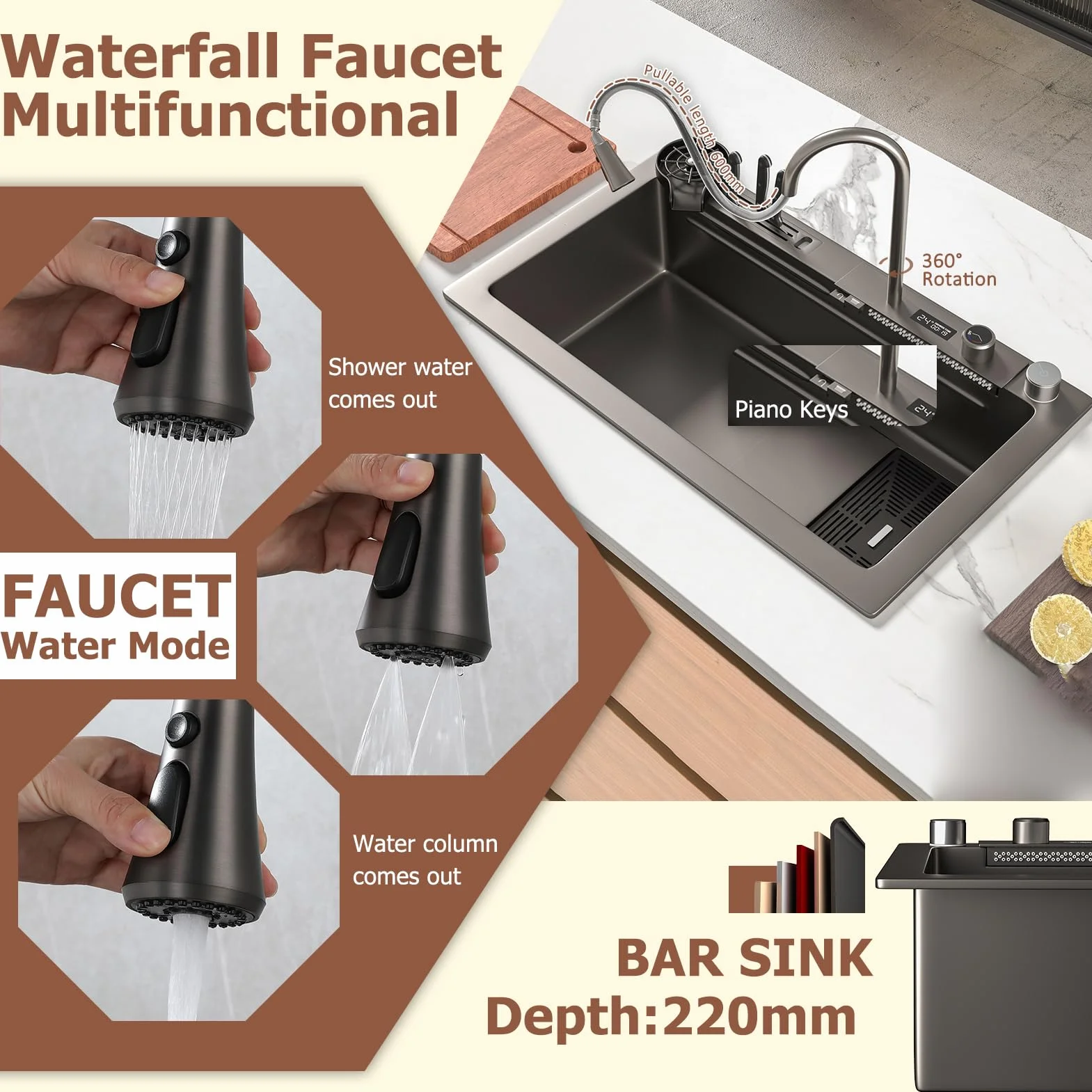 Fregadero de cocina con cascada, 75 x 45 cm, grifo de cascada led, tabla de cortar deslizante y lavaplatos de alta presión, compacto y multifuncional