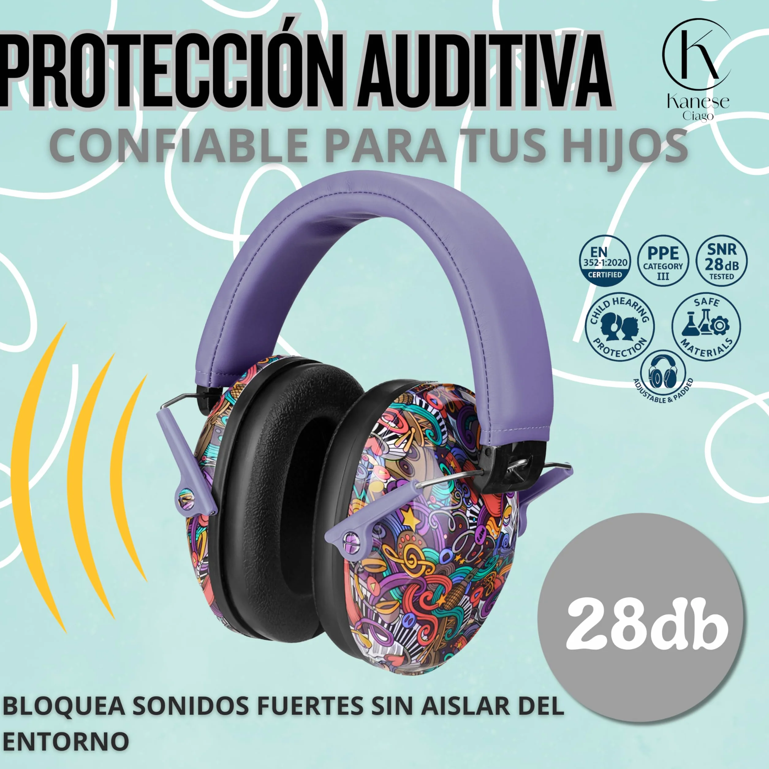 Cascos Antirruido para Niños 3-14 Años SNR 28 dB Protectores Auditivos Plegables Ajustables