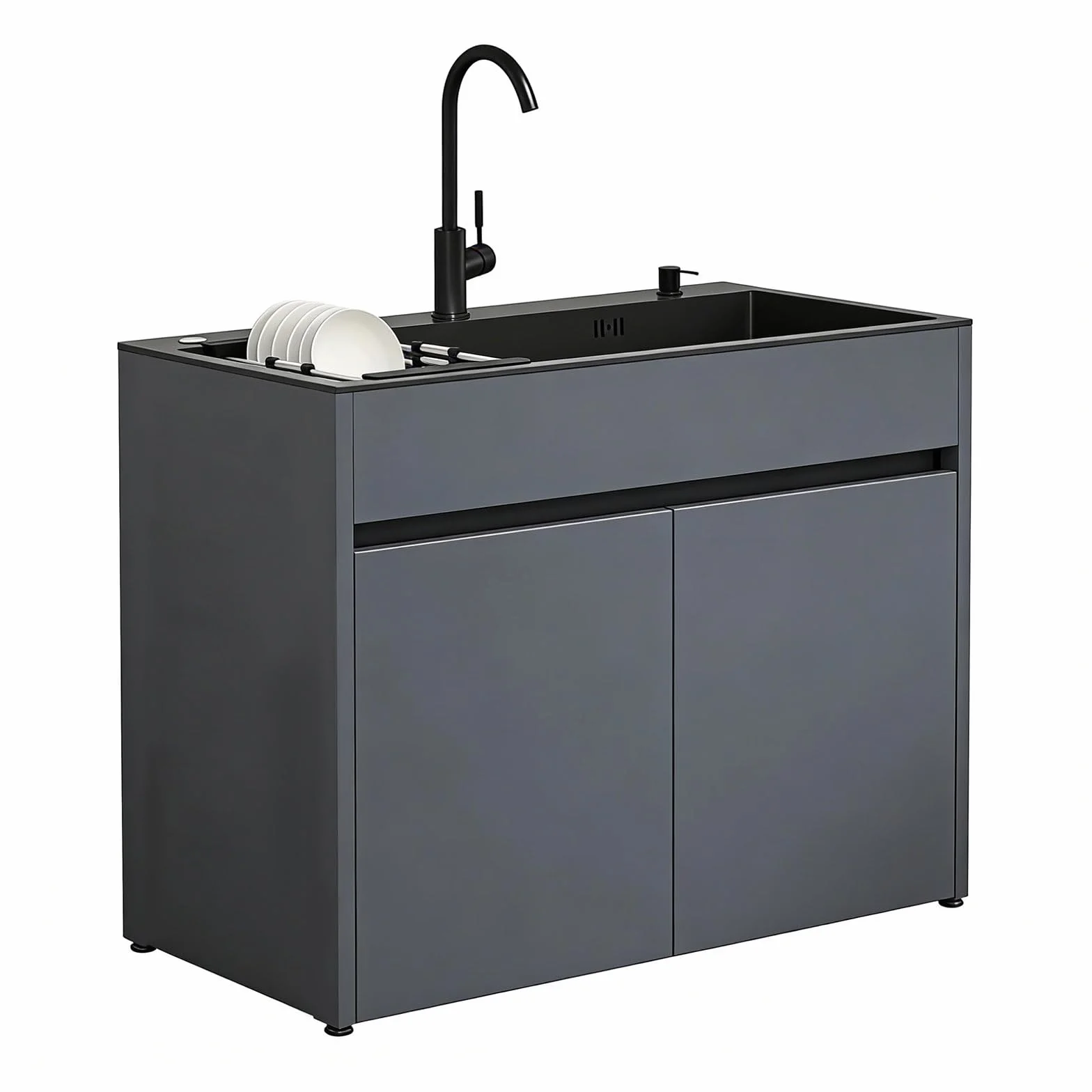 Mueble Fregadero con Cubeta de Acero Inoxidable Negro para Lavadero y Garaje, armario de almacenamiento de aluminio de panel de abeja con grifo, dispensador de jabón y cesta extraíble, ajustable