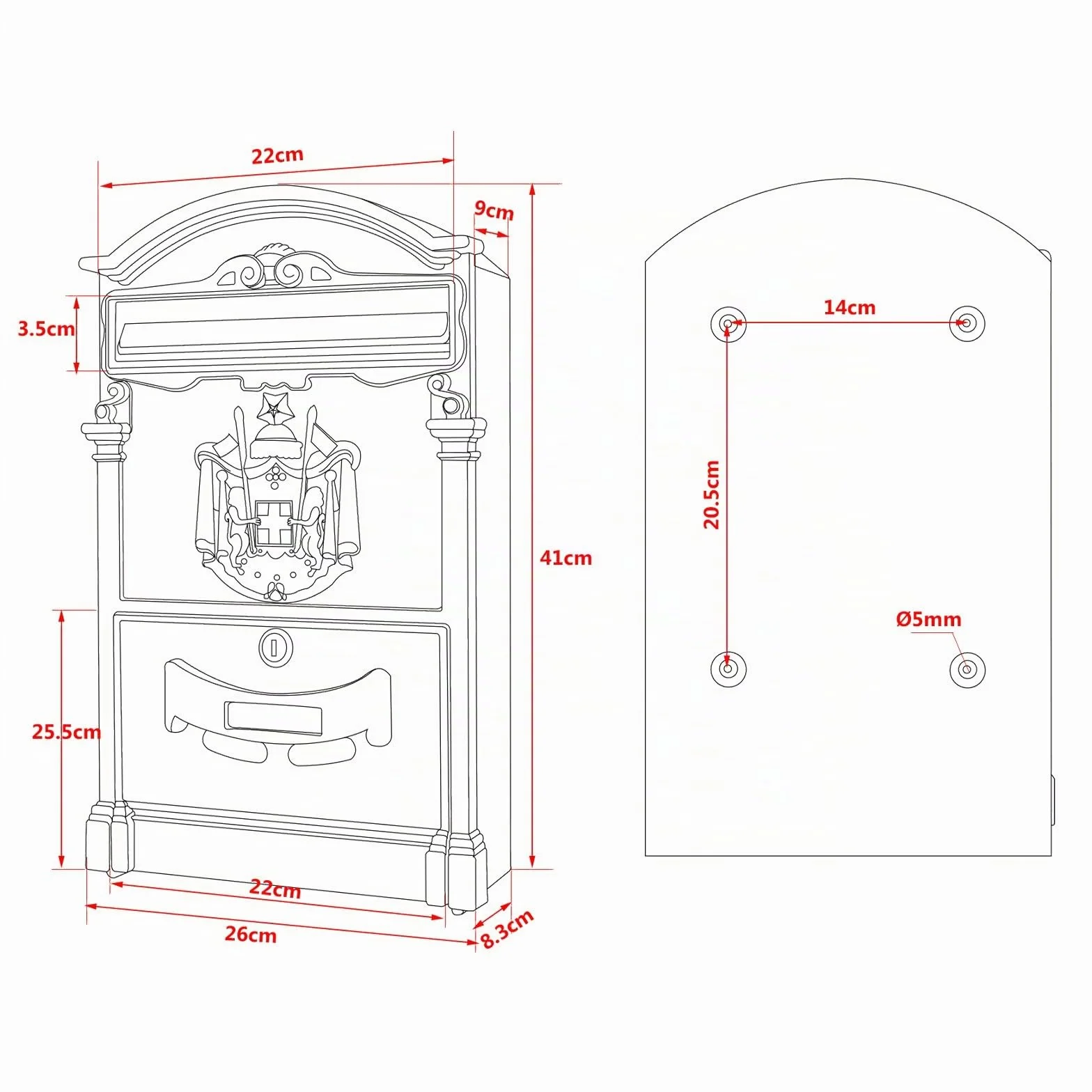 Wiltec Buzón de diseño Antiguo 260 x 90 x 400 mm Blanco buzón de Pared de Acero con Cerradura, Placa de identificación y Ranuras de visualización