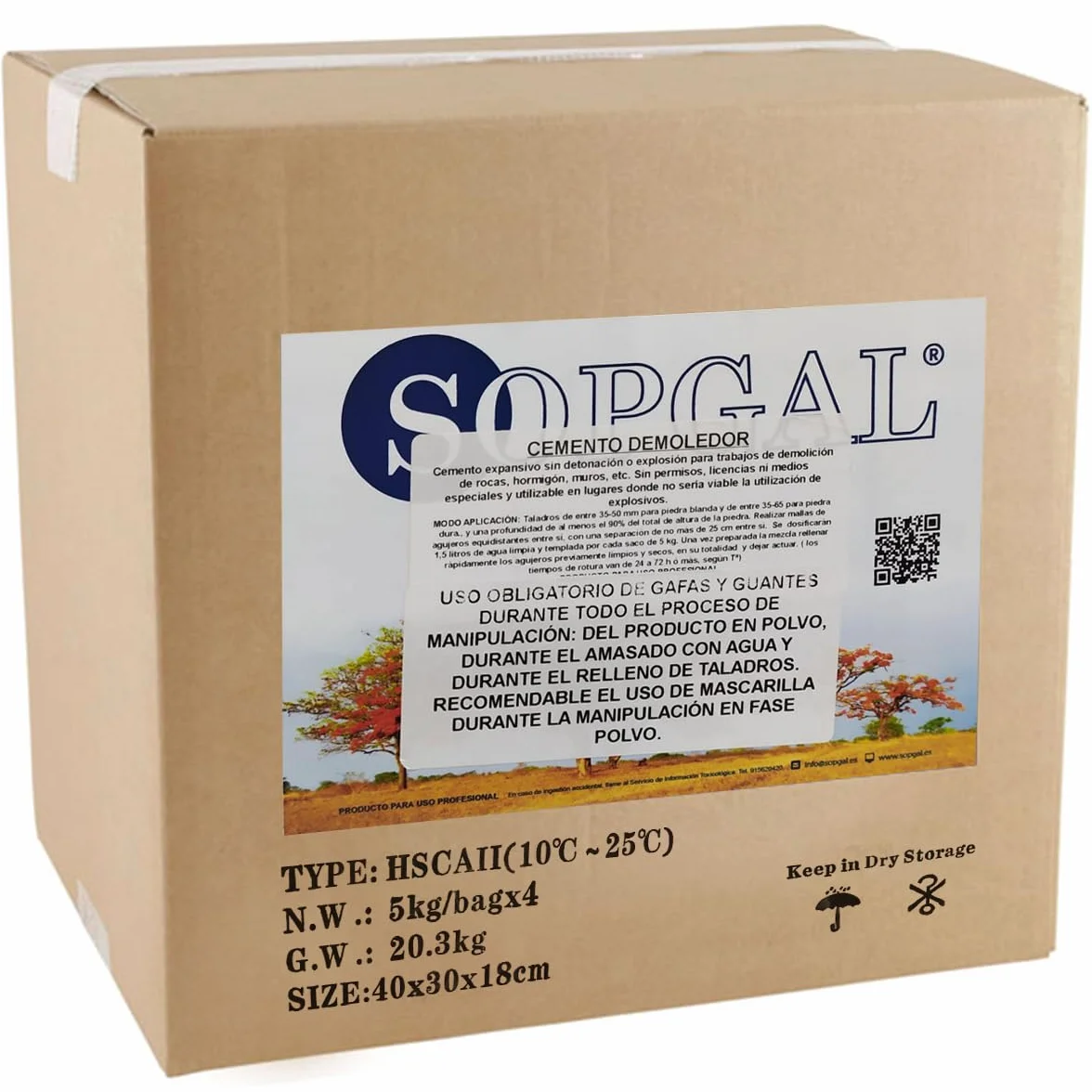 Cemento Demoledor Expansivo (20 kgs) - Demoliciones seguras y silenciosas, sin explosivos, de construcciones de piedra, muros, hormigón... - Sopgal