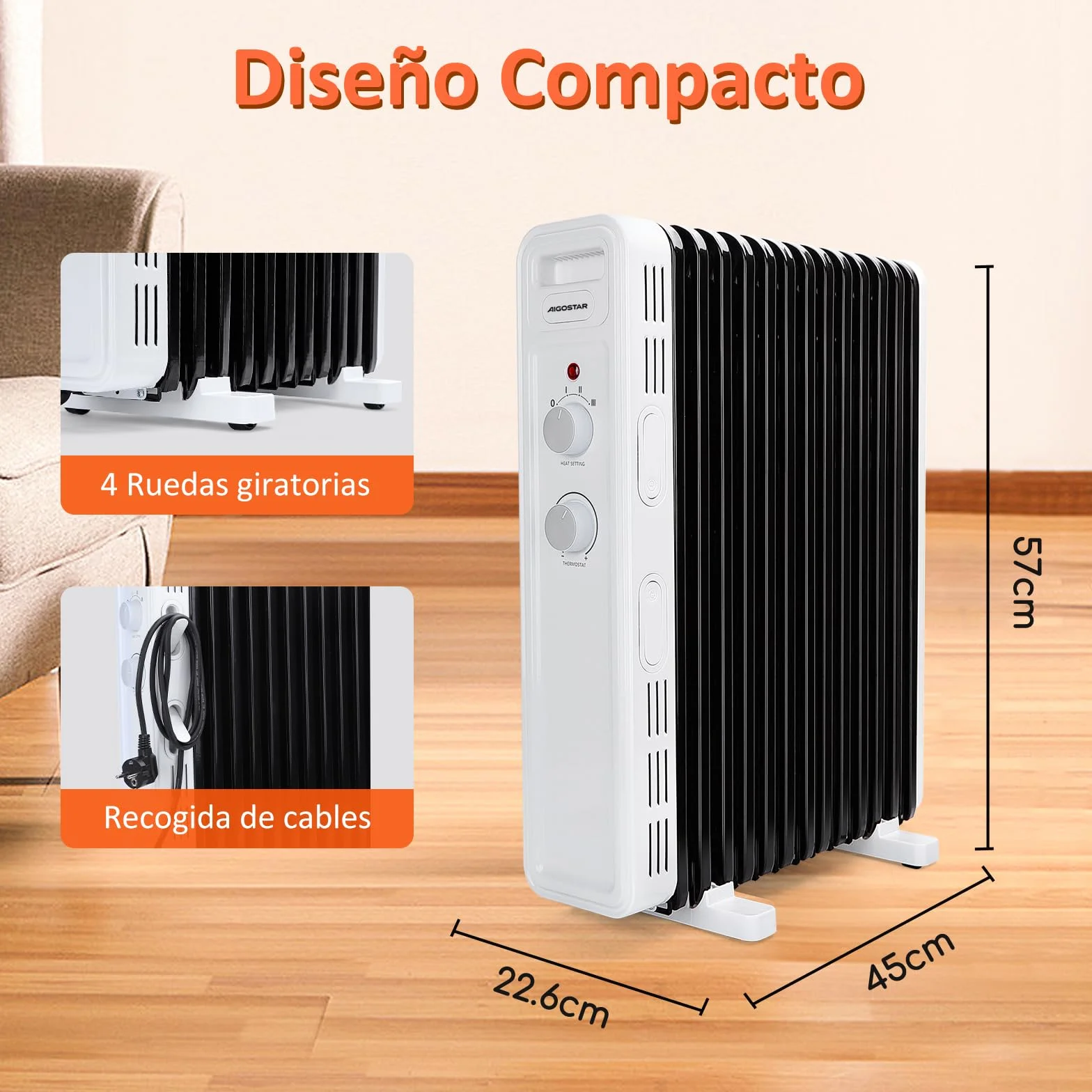 Aigostar Radiador de Aceite de 13 Elementos, 2500 W, Silencioso, 3 Niveles de Potencia, Termostato Ajustable y Función de Apagado Seguro, Protección Antivuelcos, Recomendado para Estancias de 25 m2