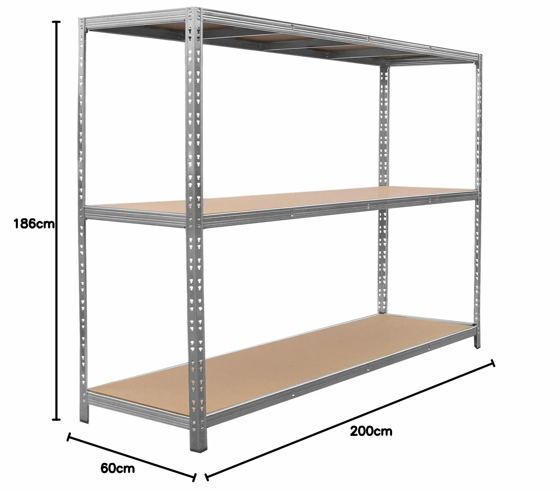 Estantería de Garaje Acero Galvanizado Resistente Almacenamiento 186cm x 200cm x 60cm 3 Niveles (400kg por estante) 1200kg de Capacidad Estantería para el Cobertizo Taller Oficina sin Tornillos