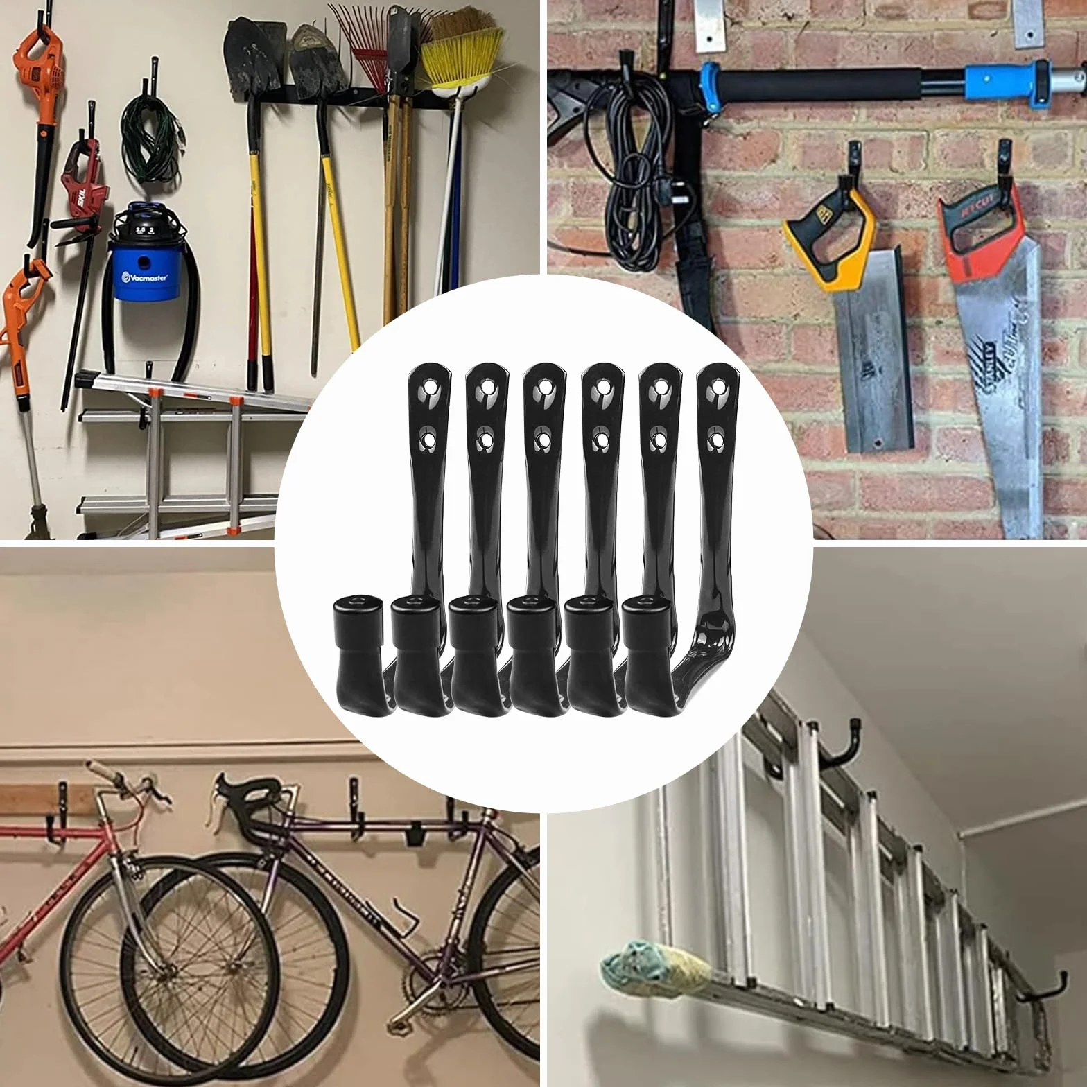 Newpop 6 Piezas Ganchos Para Colgar, Gancho pared de Garaje Resistentes, Colgador Bicicleta Pared de Acero Revestimiento Antideslizante para Herramientas Eléctricas Escaleras Negro 11.5cm x 9cm