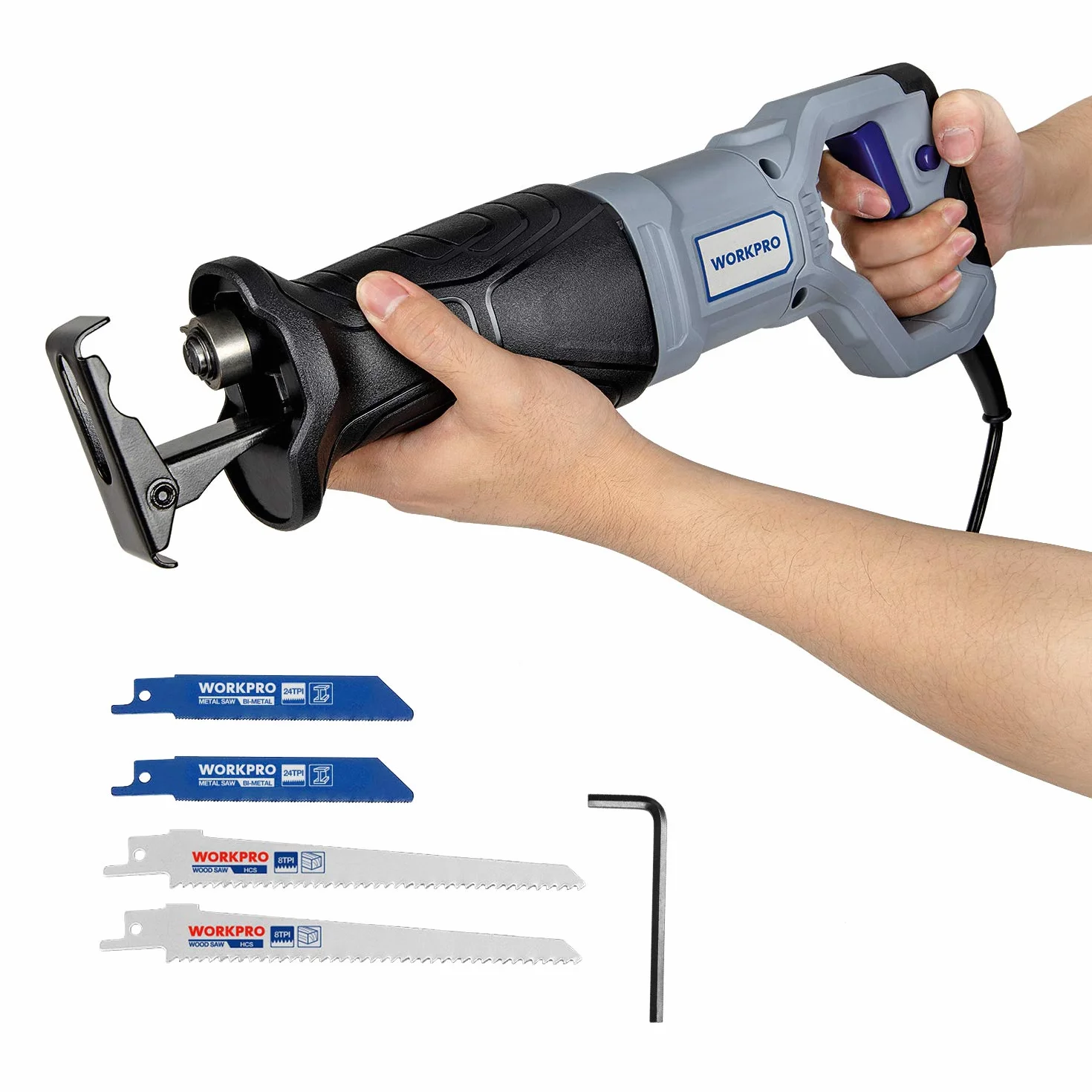 WORKPRO Sierra Sable 710W, Velocidad Variable con Mecanismo de Cambio Rápido de Cuchilla 0-2800 rpm, Profundidad de Corte Madera 115mm/ Metal 4mm, con 4 Cuchillas Incluidas