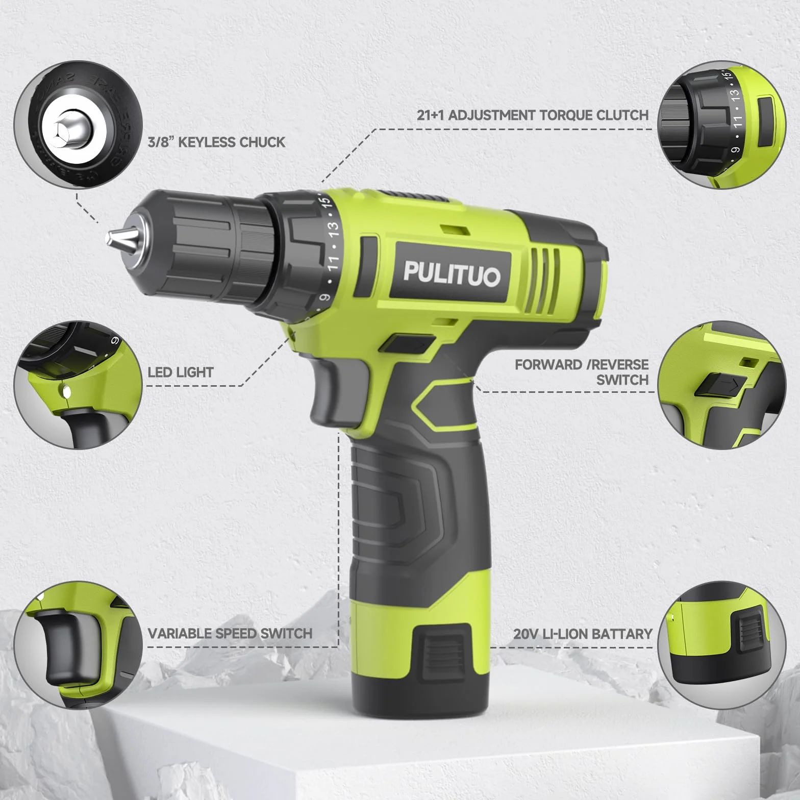 PULITUO 12V taladro inalámbrico, juegos de brocas de perforación de gran alcance con la batería de Li-Ion, 21 + 1 Ajuste de par, 3/8 "pulgadas portabrocas sin llave, taladro eléctrico.