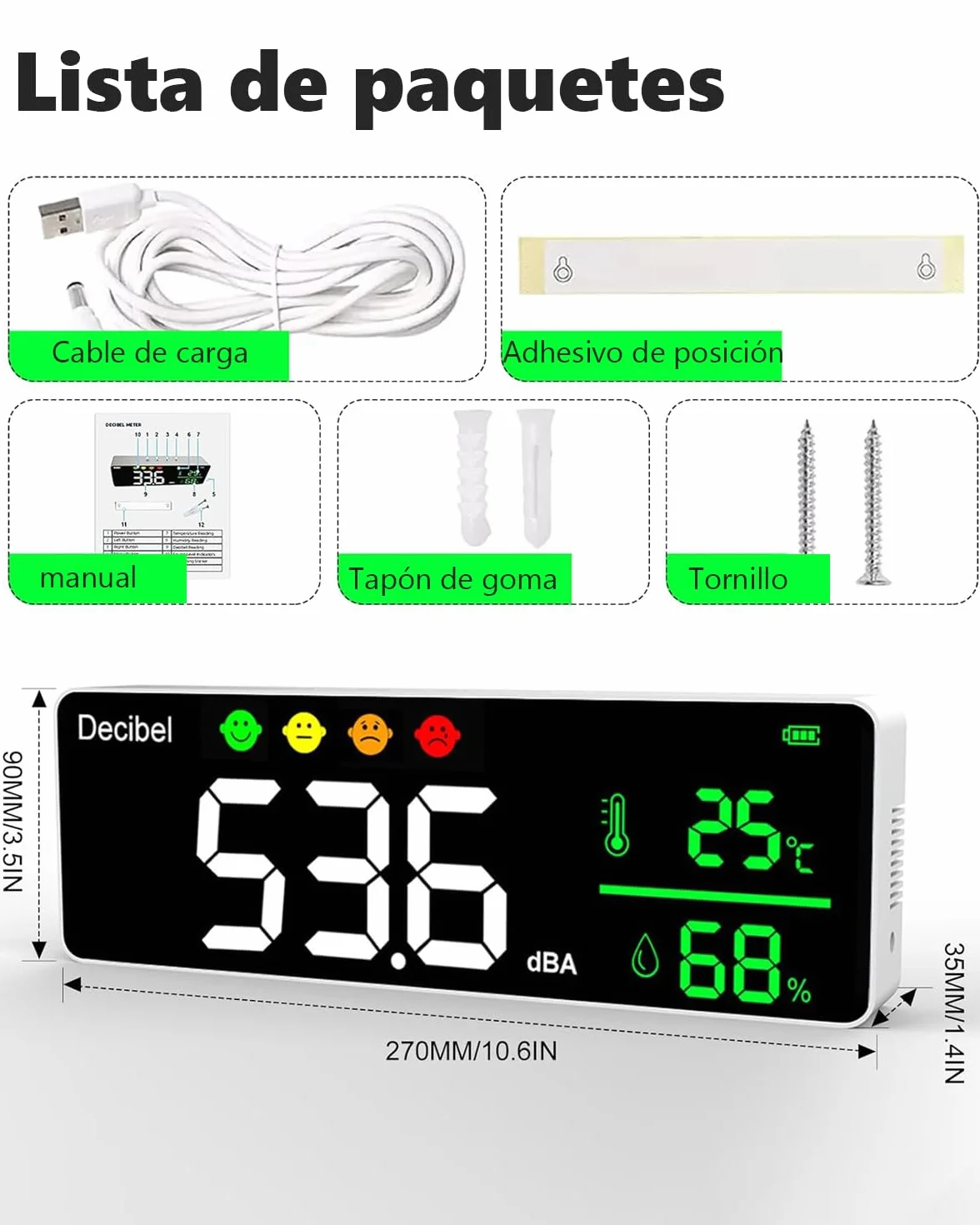 Medidor de Decibelios Digital 3 en 1 Sonómetro 30-130dB ±1.5dB Medidor Nivel Sonido Temperatura Humedad Pantalla LCD