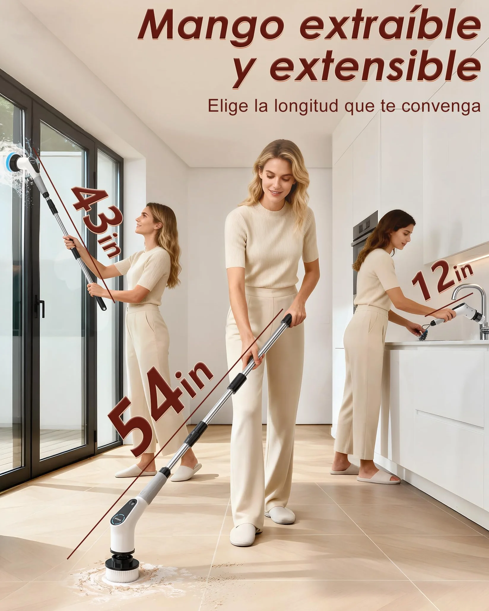 Cepillo Electrico Limpieza Hogar, Electric Cleaning Brush con 8 Cabezales Reemplazables, Electric Spin Scrubber con Mango Extensible, 2 Velocidades Ajustables, Para bañera, Lechada y Suelo de Baldosas